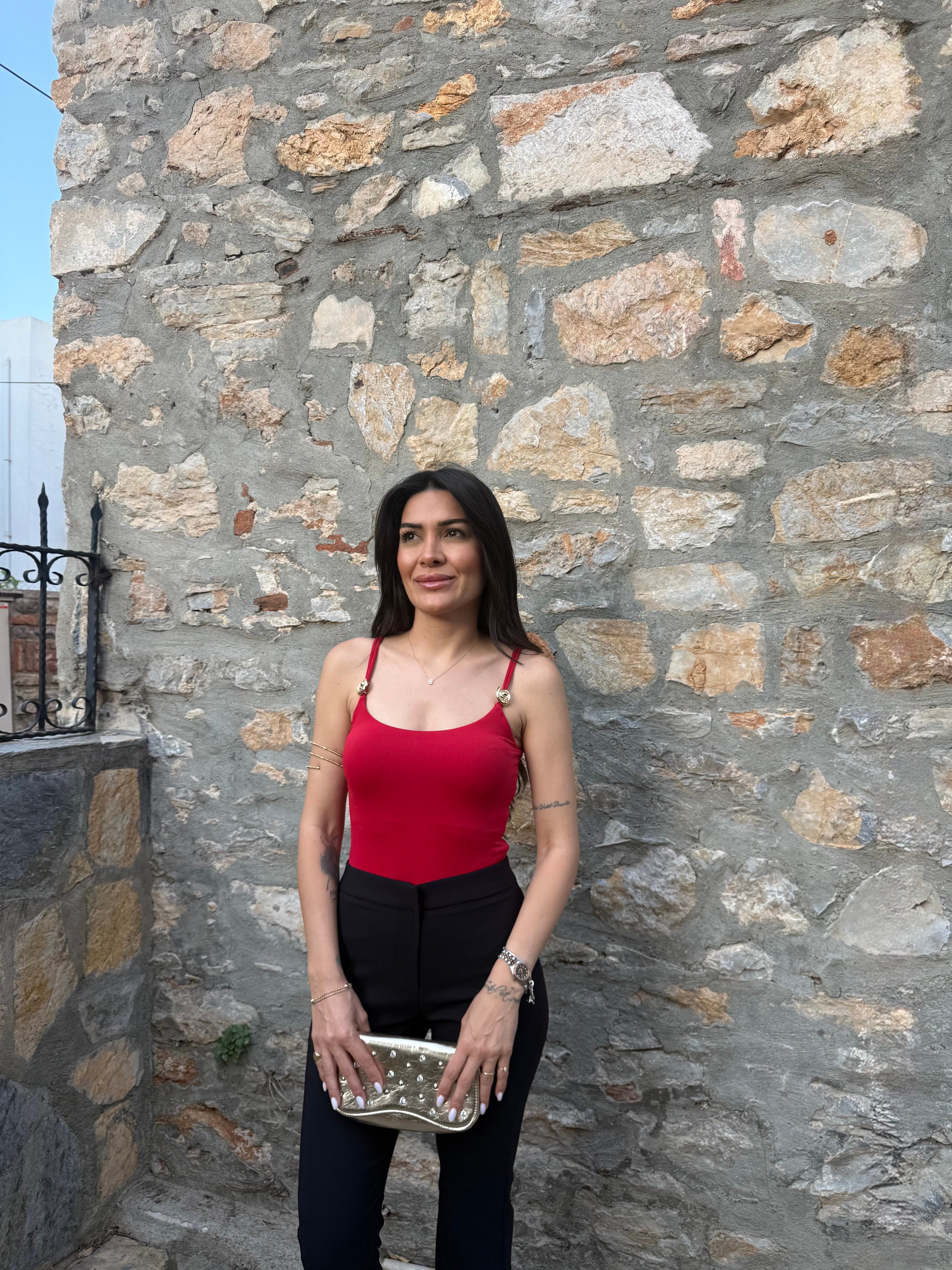 Toka Detaylı Kırmızı Bodysuit
