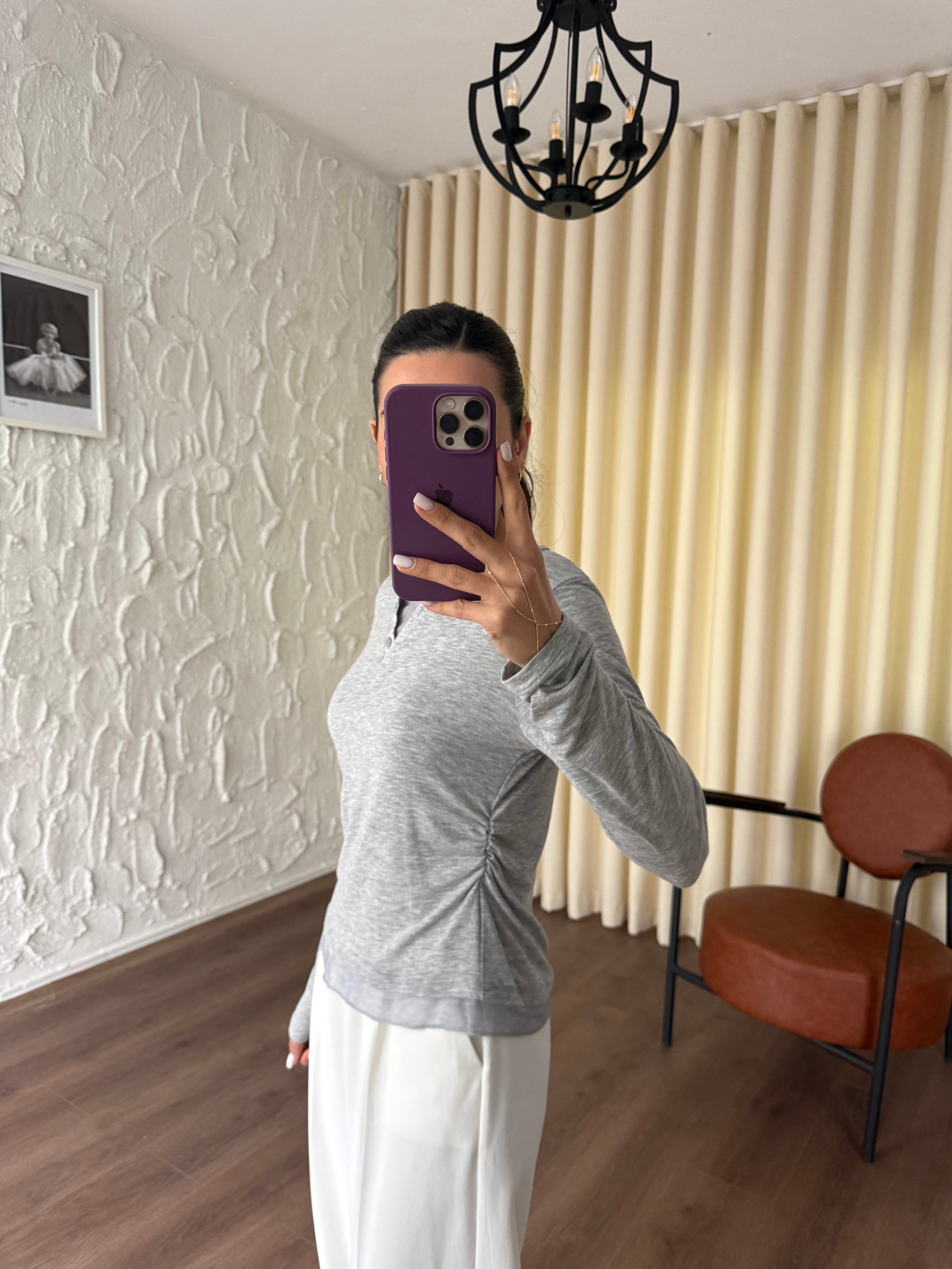 Tül Garnili Örme Gri Bluz