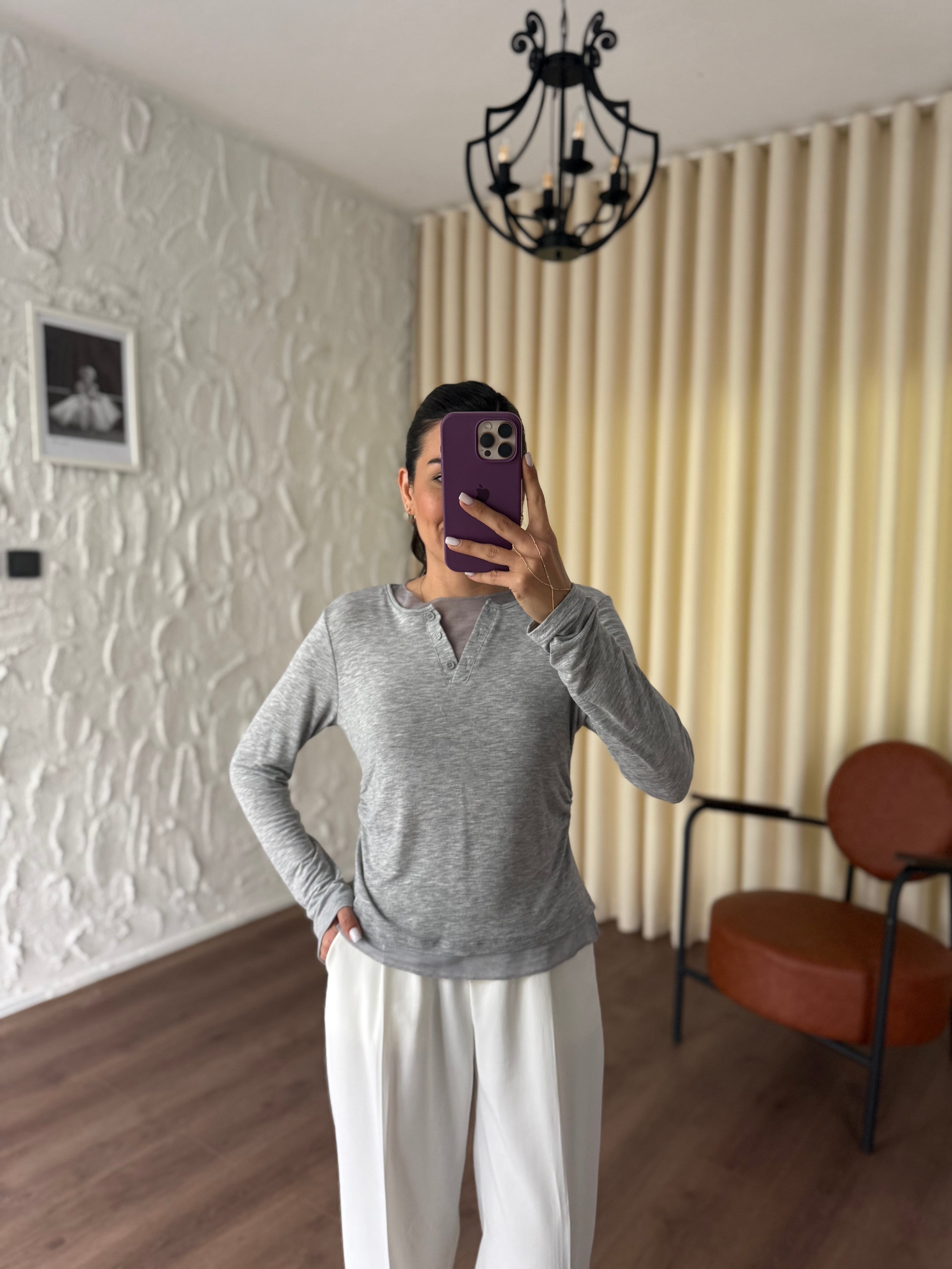 Tül Garnili Örme Gri Bluz