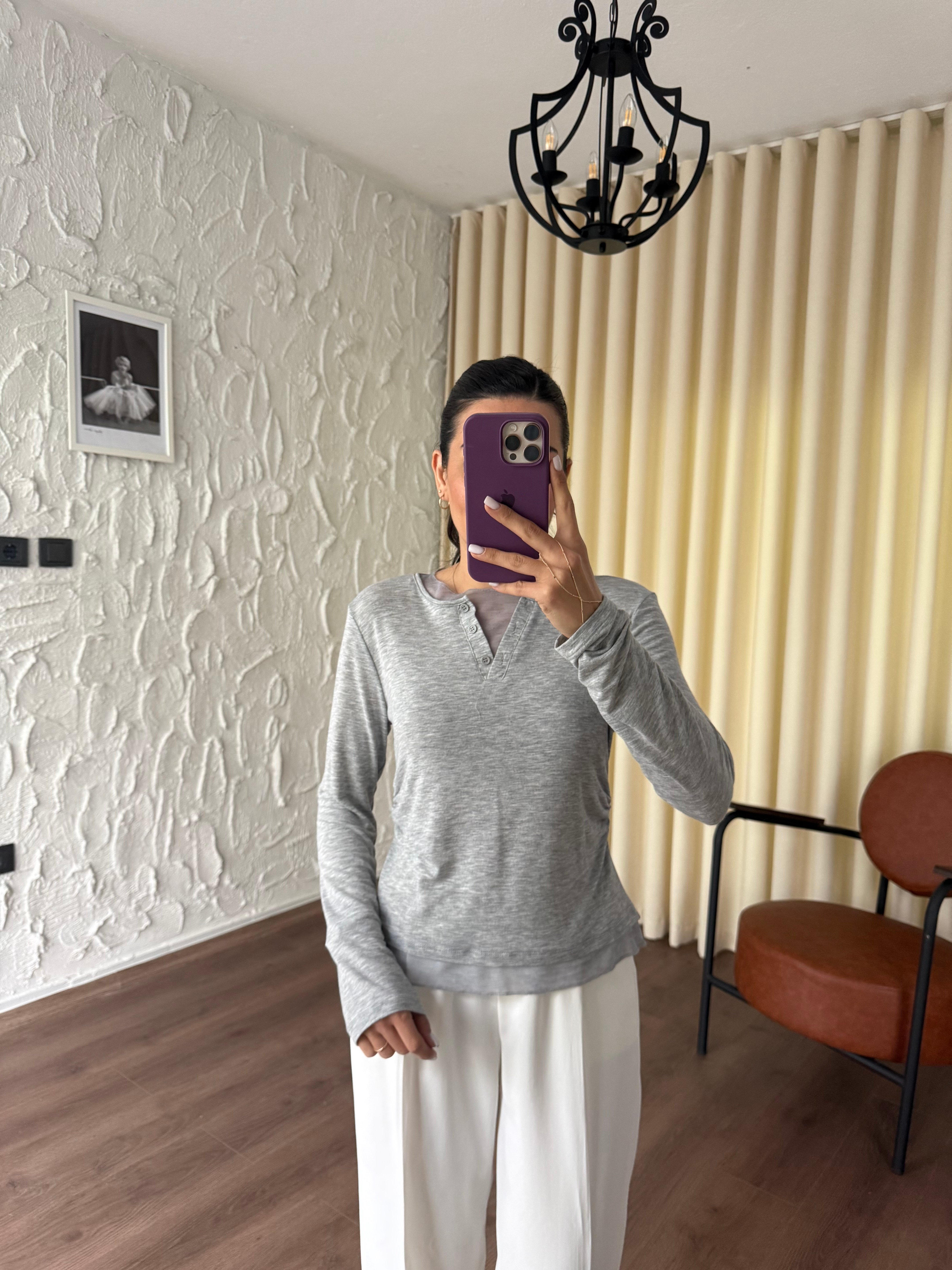 Tül Garnili Örme Gri Bluz