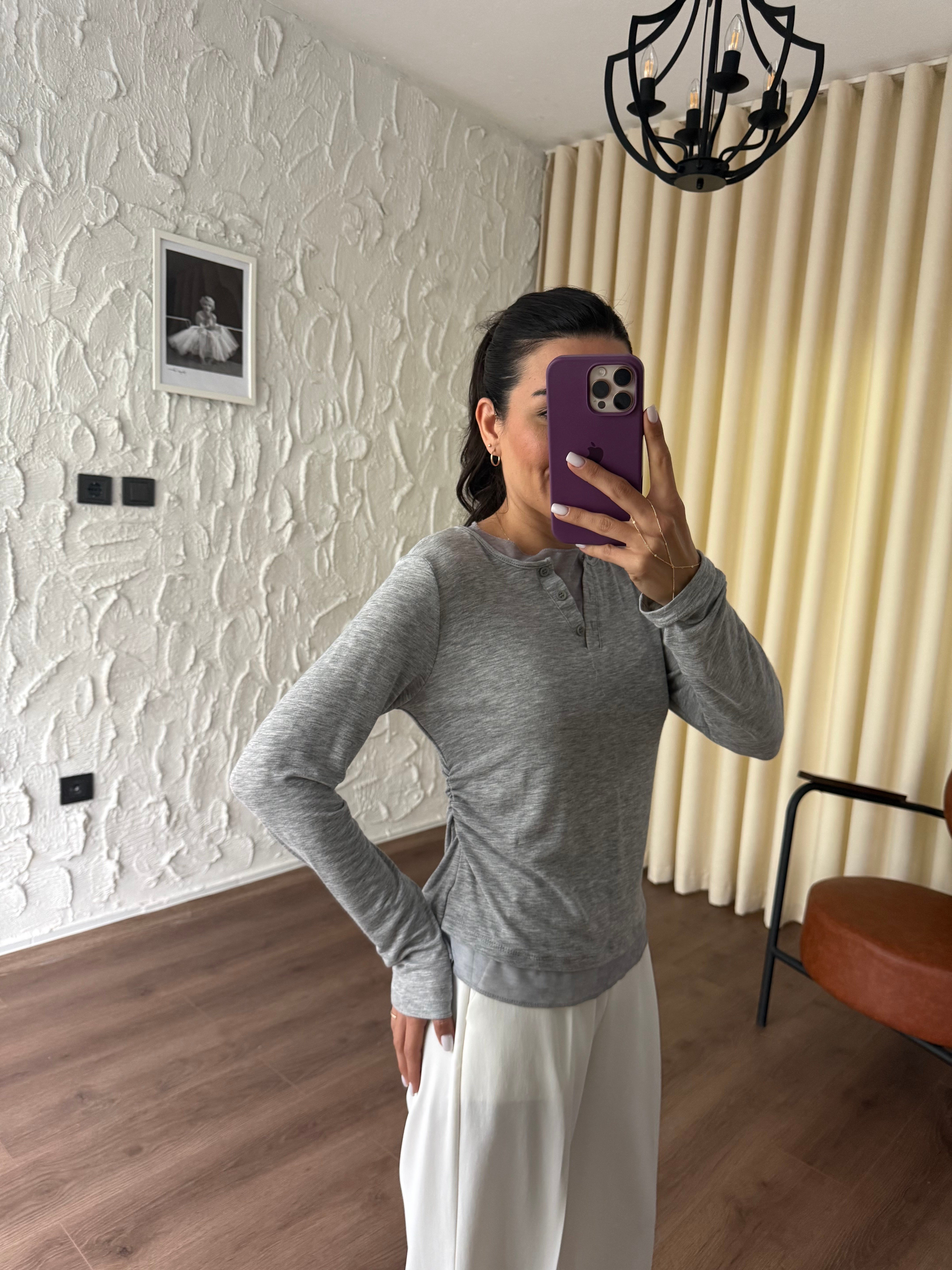 Tül Garnili Örme Gri Bluz