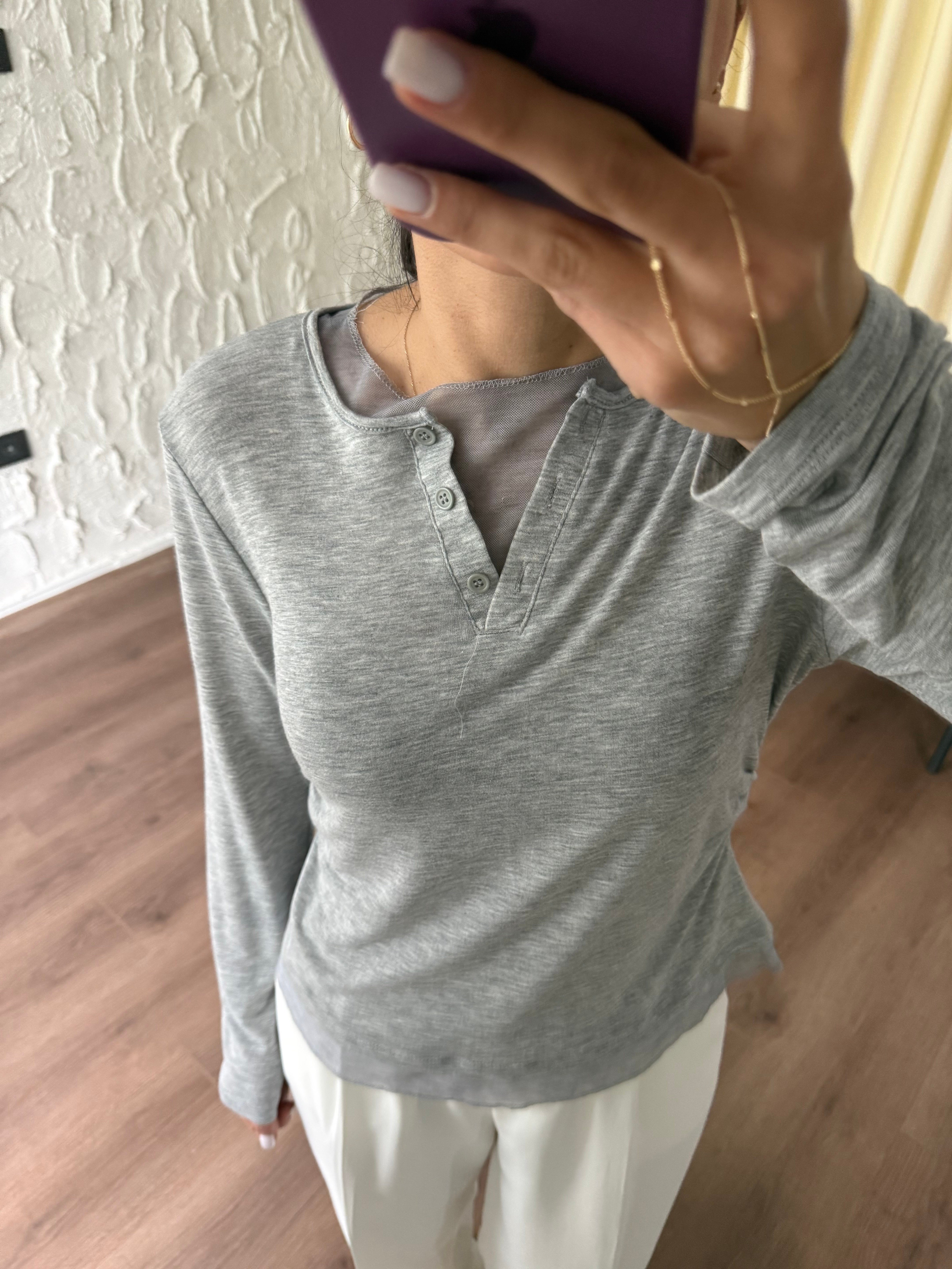 Tül Garnili Örme Gri Bluz