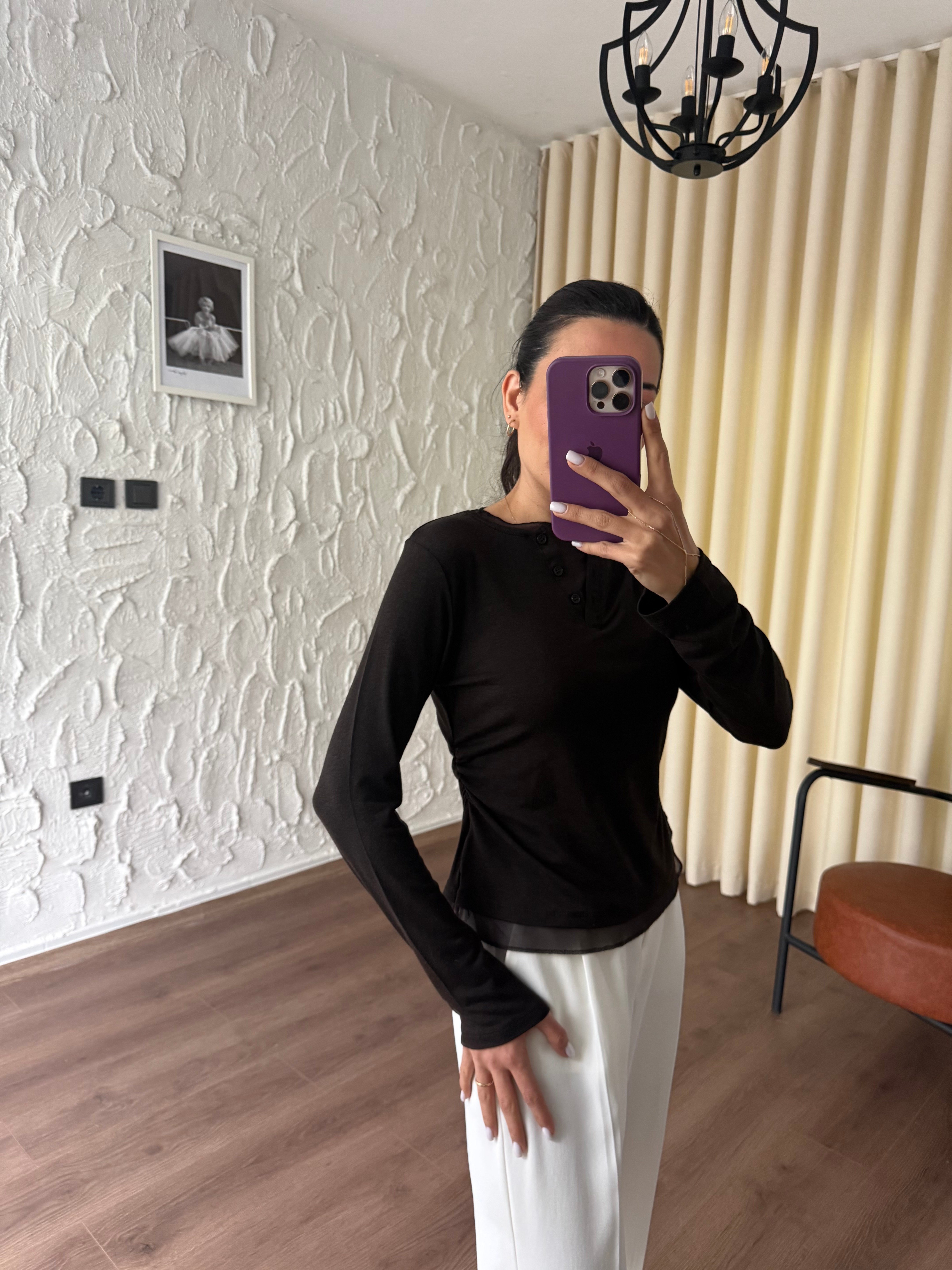 Tül Garnili Örme Kahve Bluz