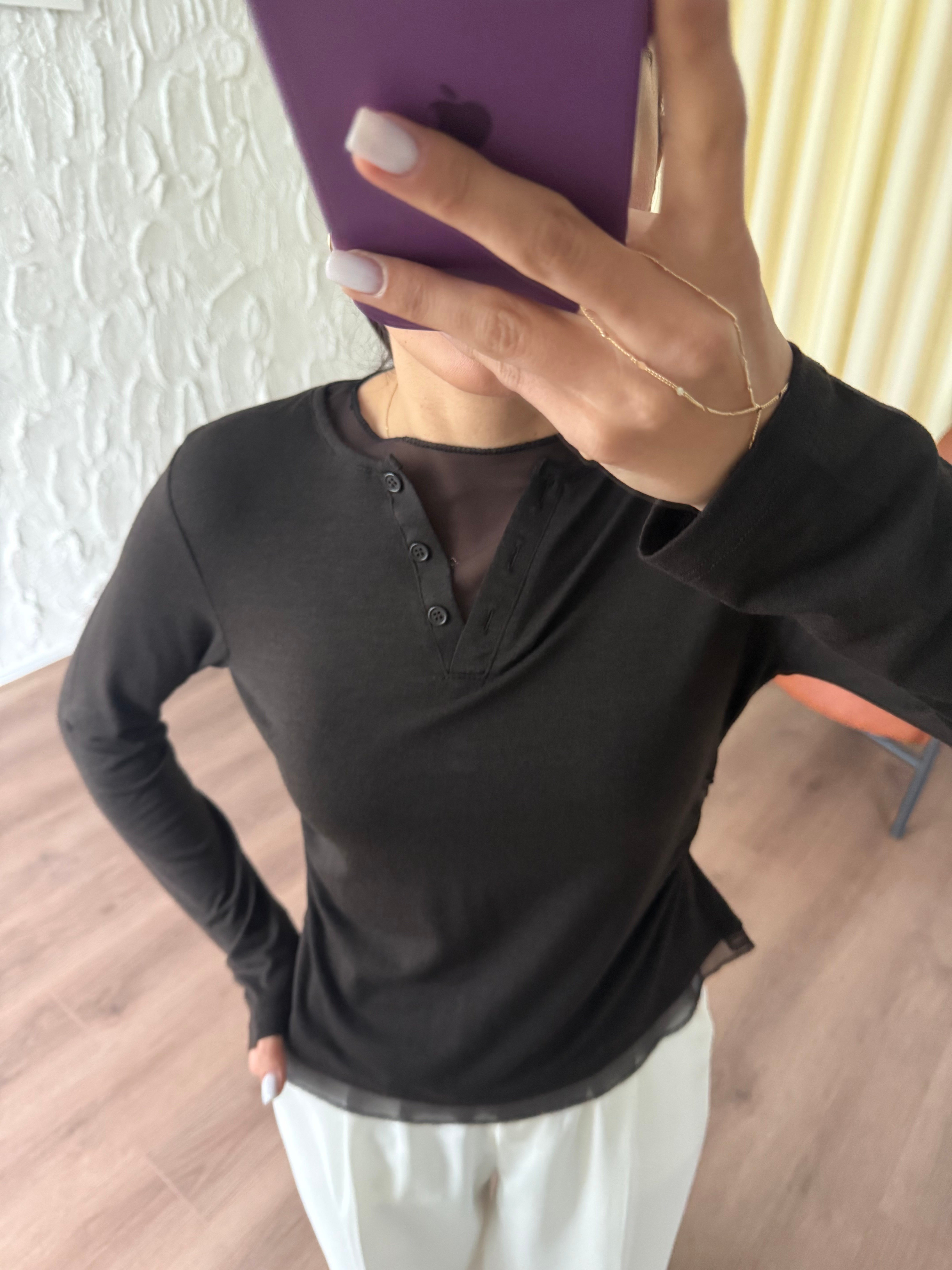 Tül Garnili Örme Kahve Bluz