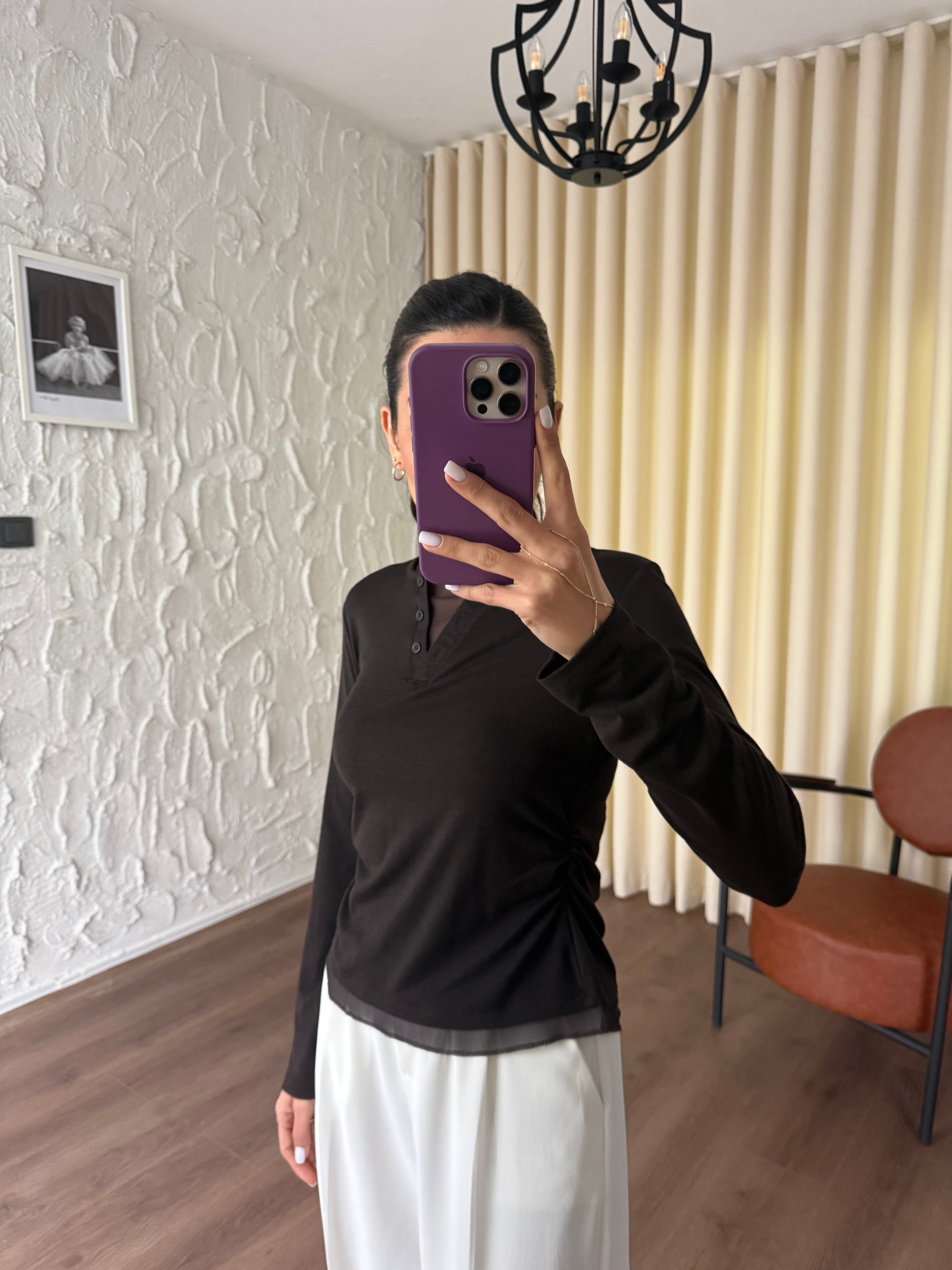 Tül Garnili Örme Kahve Bluz