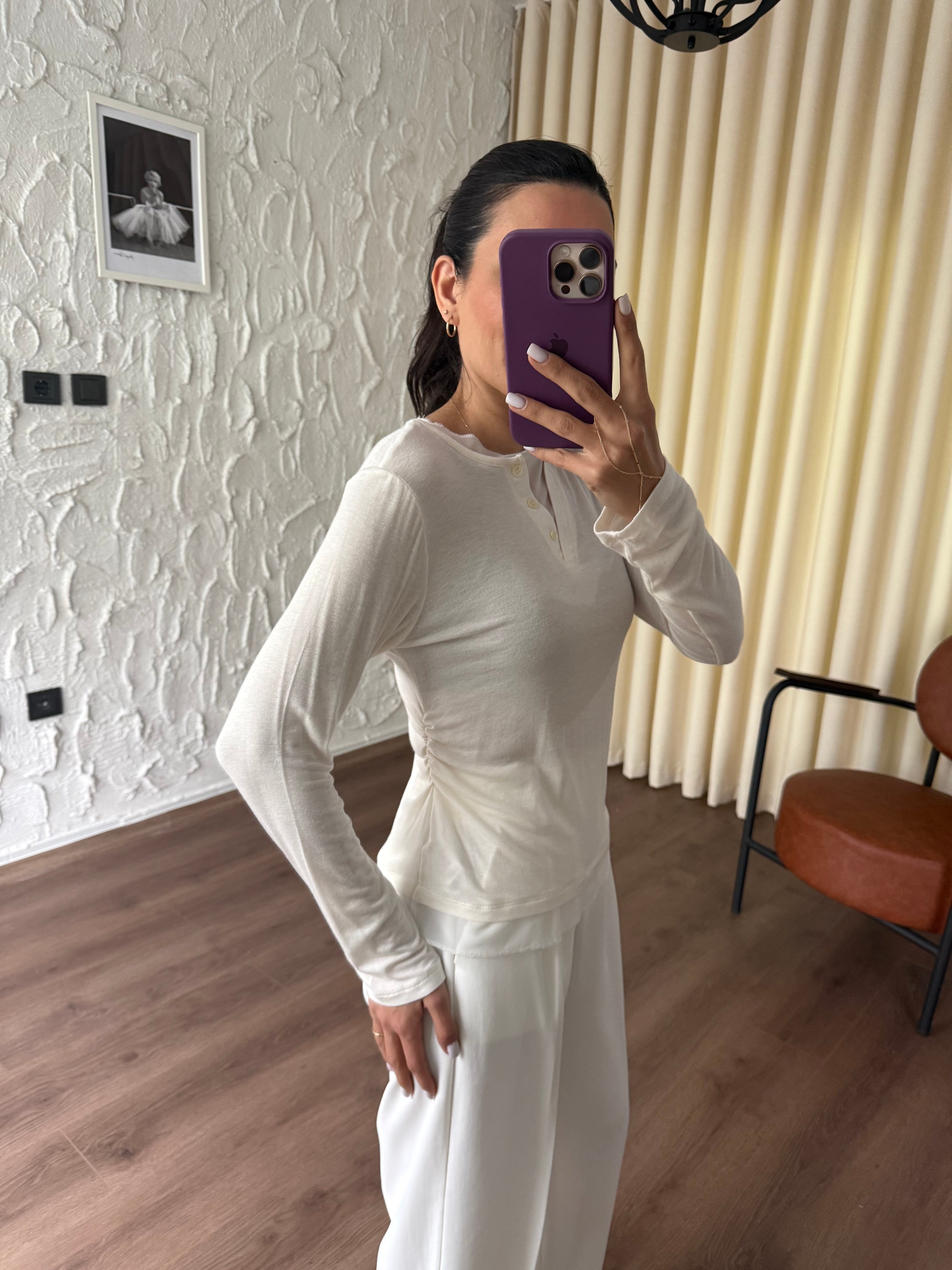 Tül Garnili Örme Krem Örme Bluz