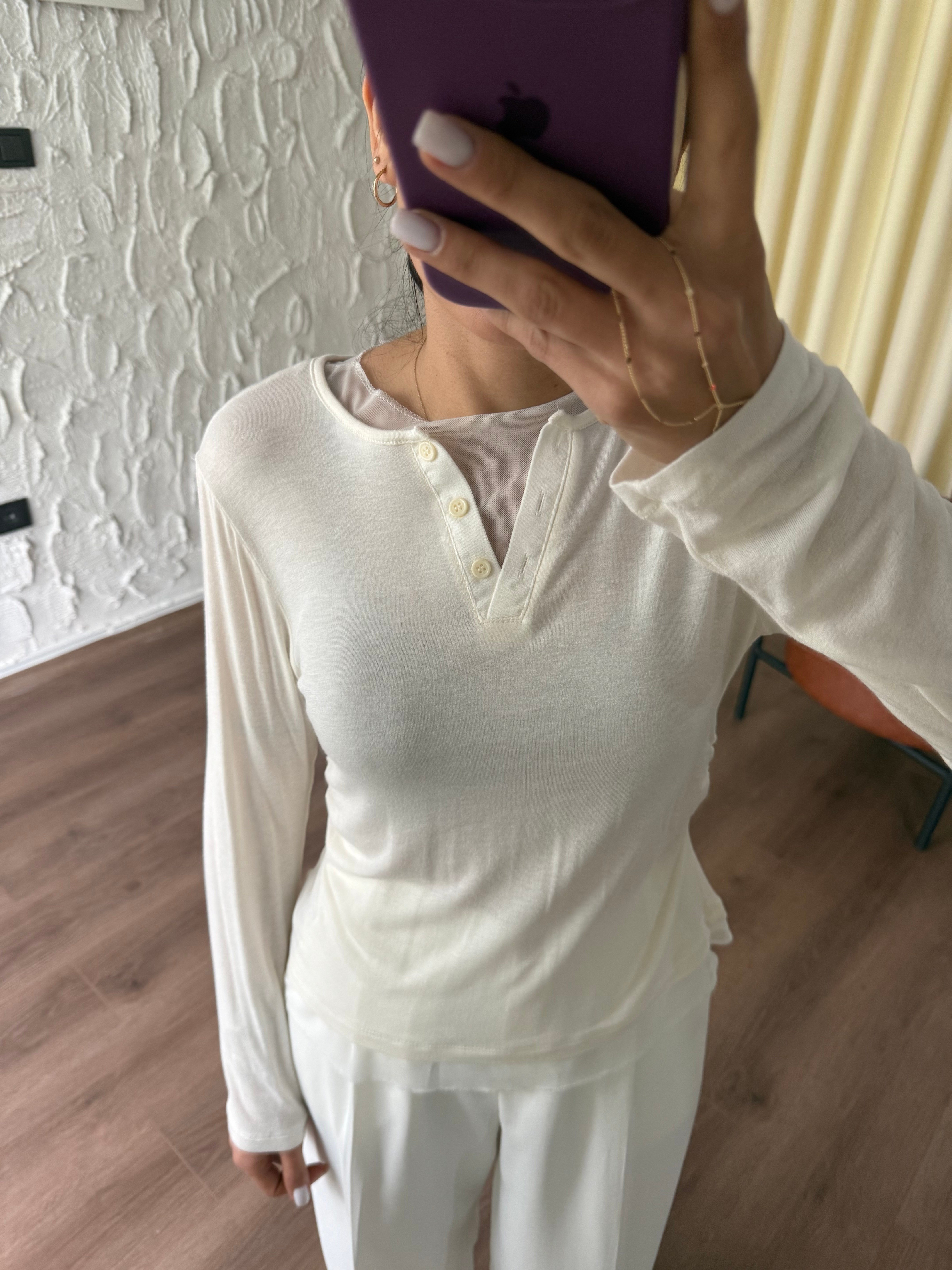 Tül Garnili Örme Krem Örme Bluz