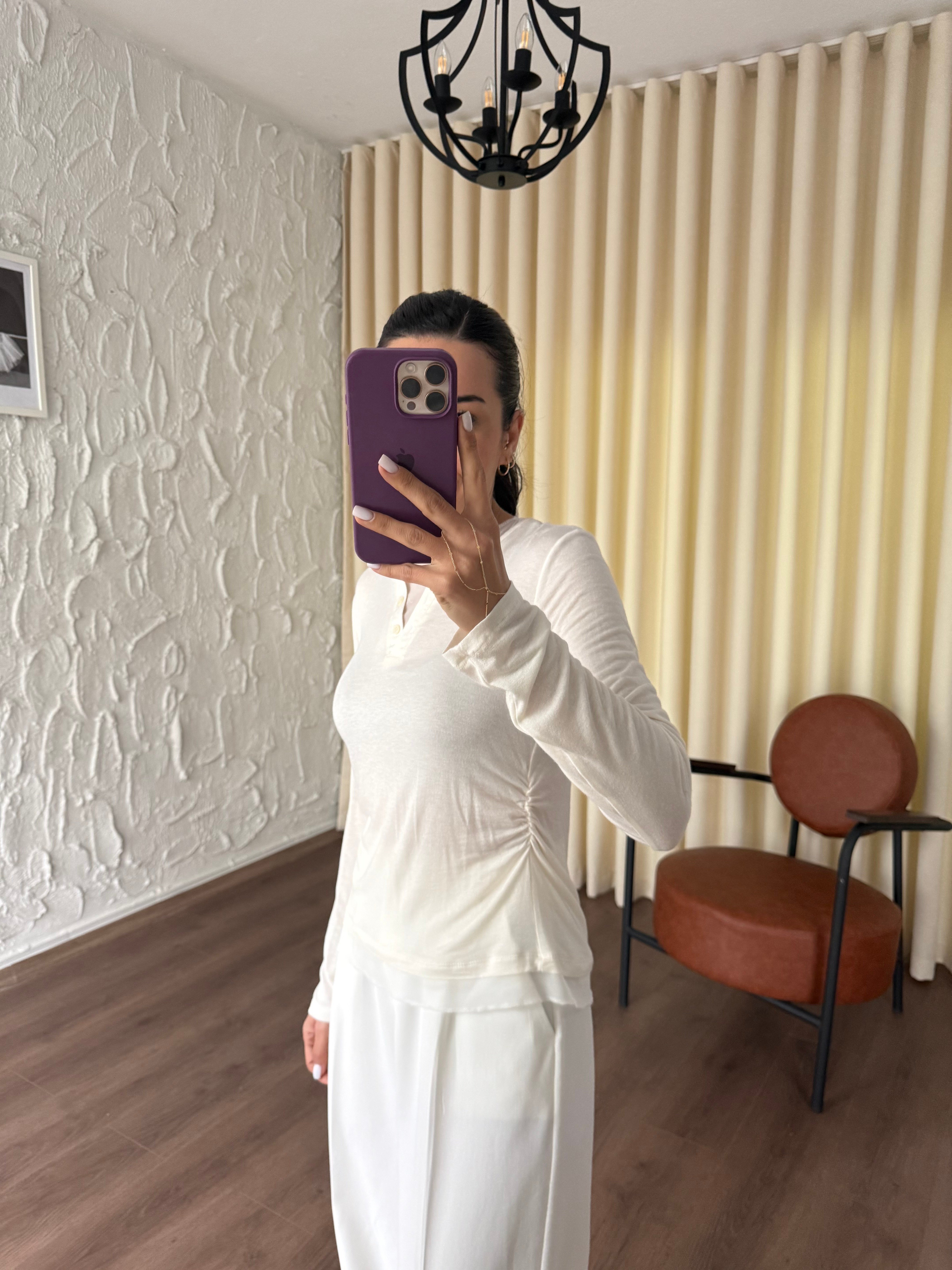 Tül Garnili Örme Krem Örme Bluz