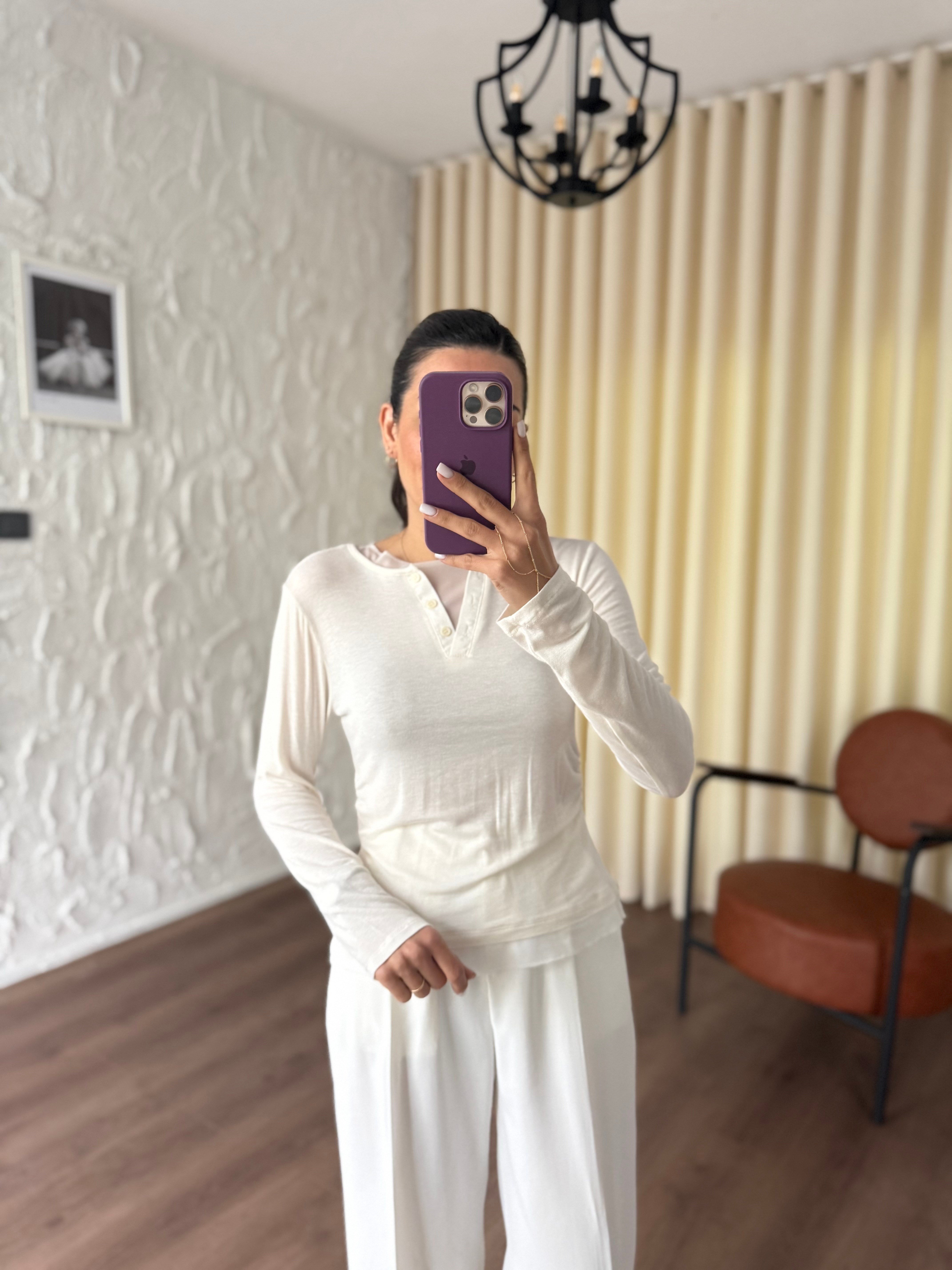 Tül Garnili Örme Krem Örme Bluz