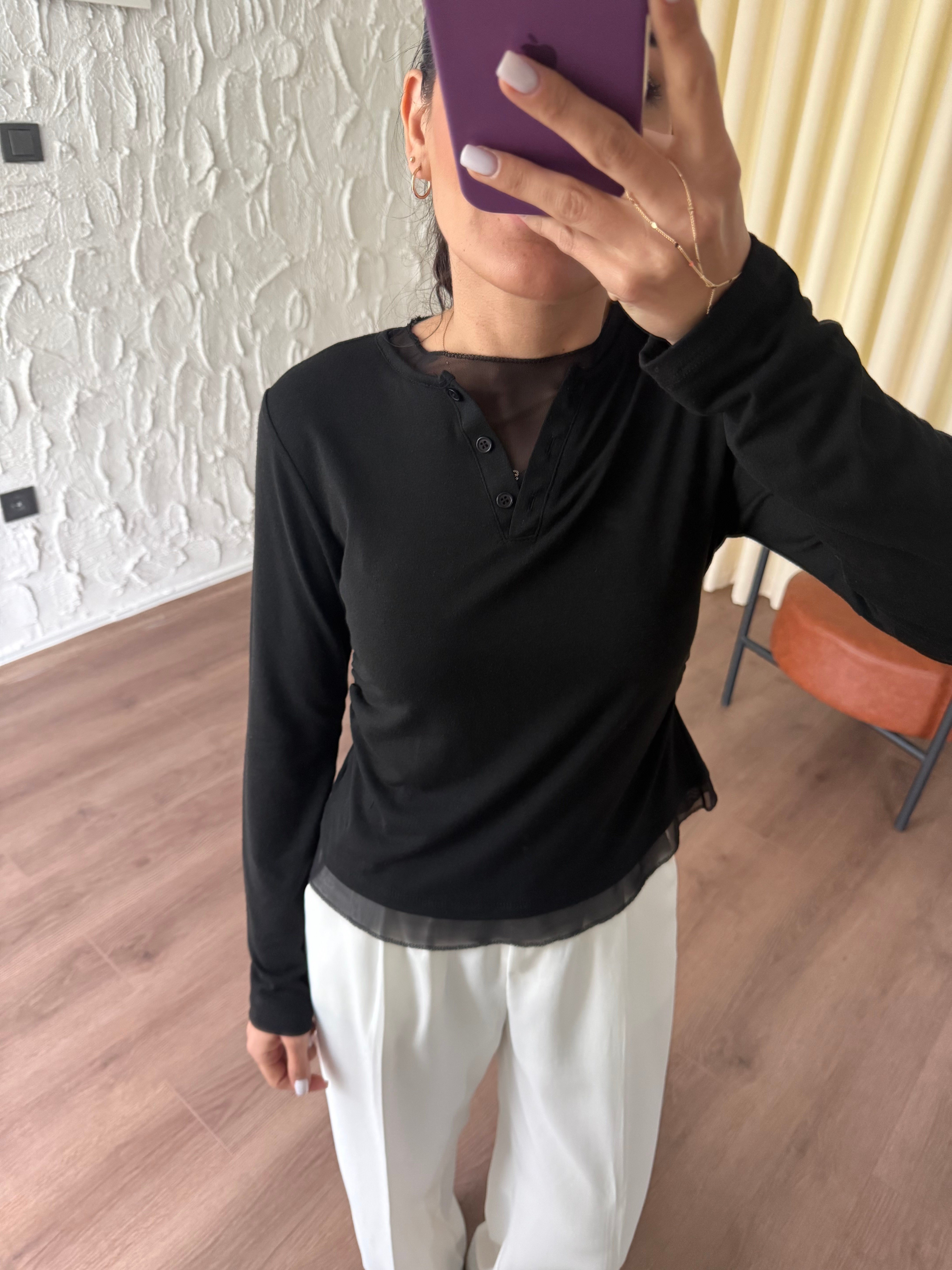 Tül Garnili Örme Siyah Bluz