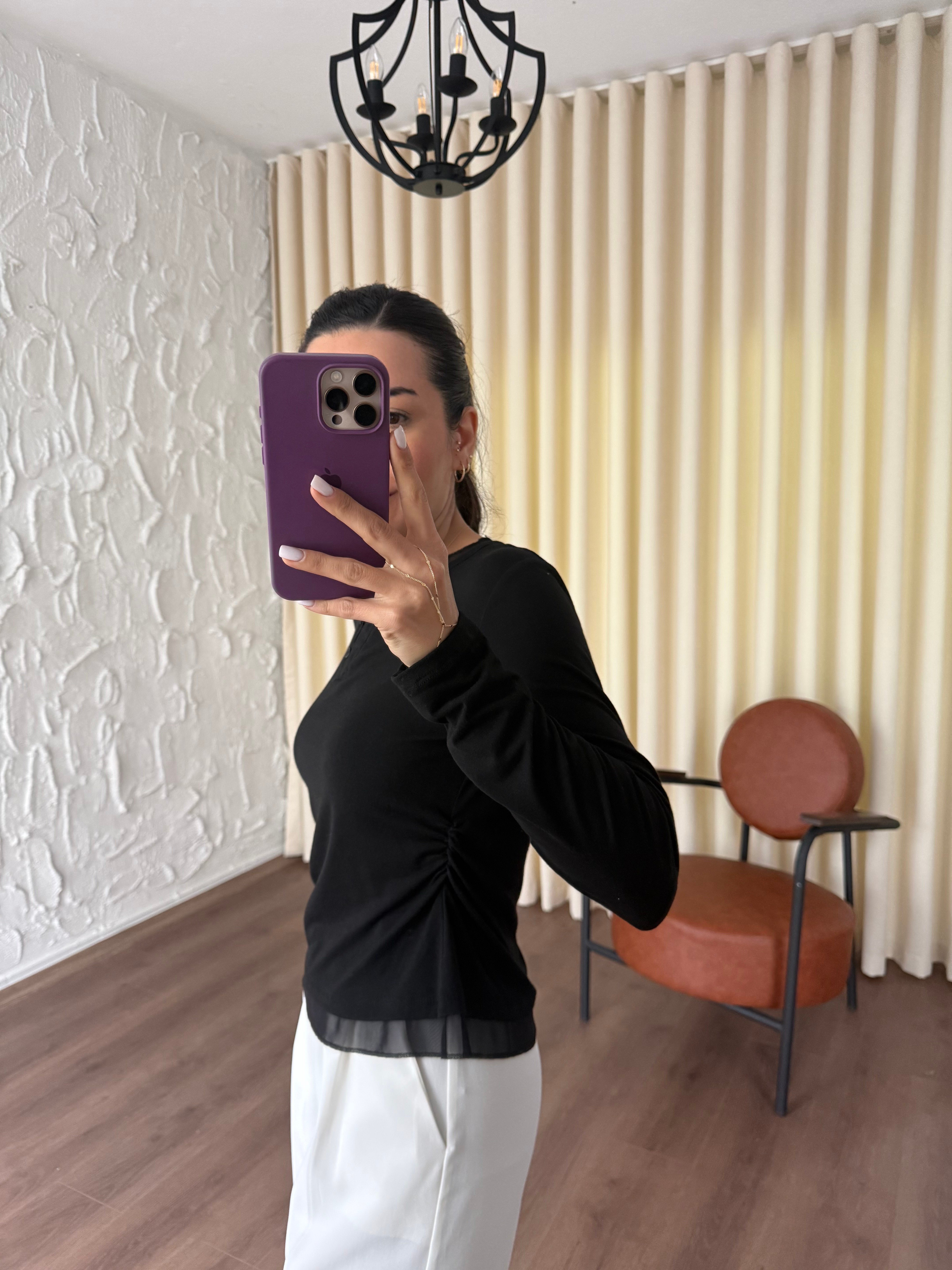 Tül Garnili Örme Siyah Bluz