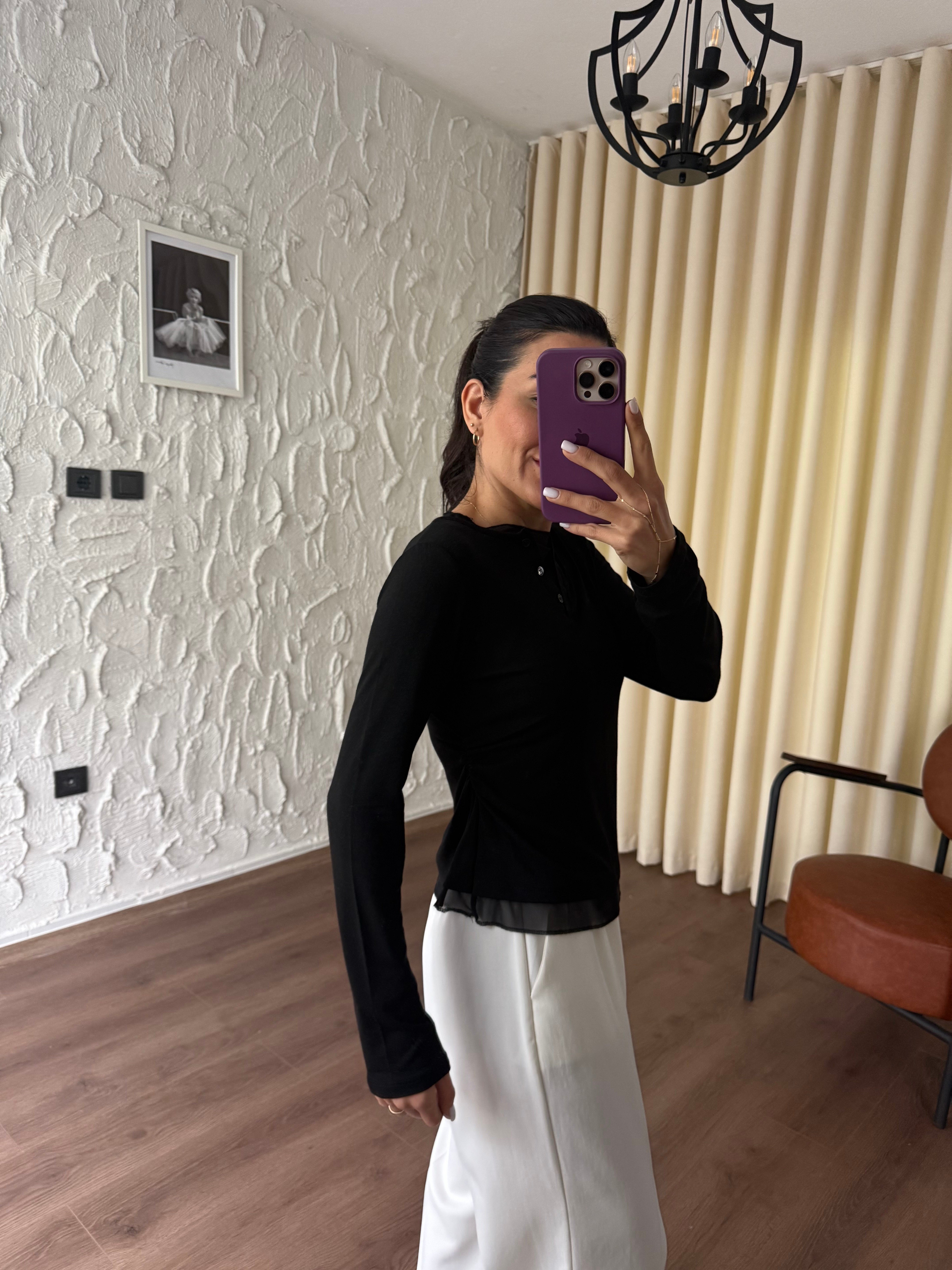 Tül Garnili Örme Siyah Bluz