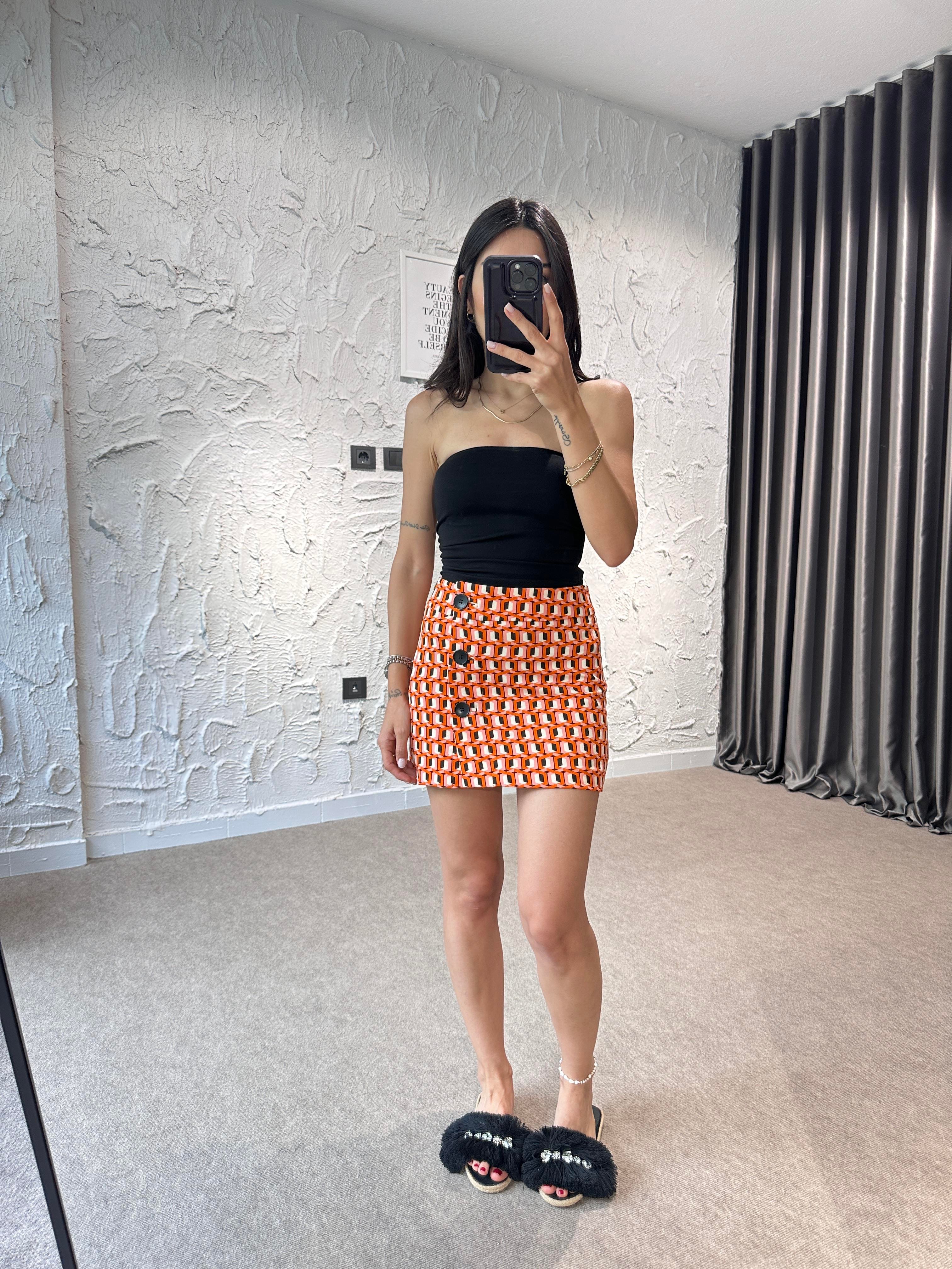 Turuncu Geo Mini Etek