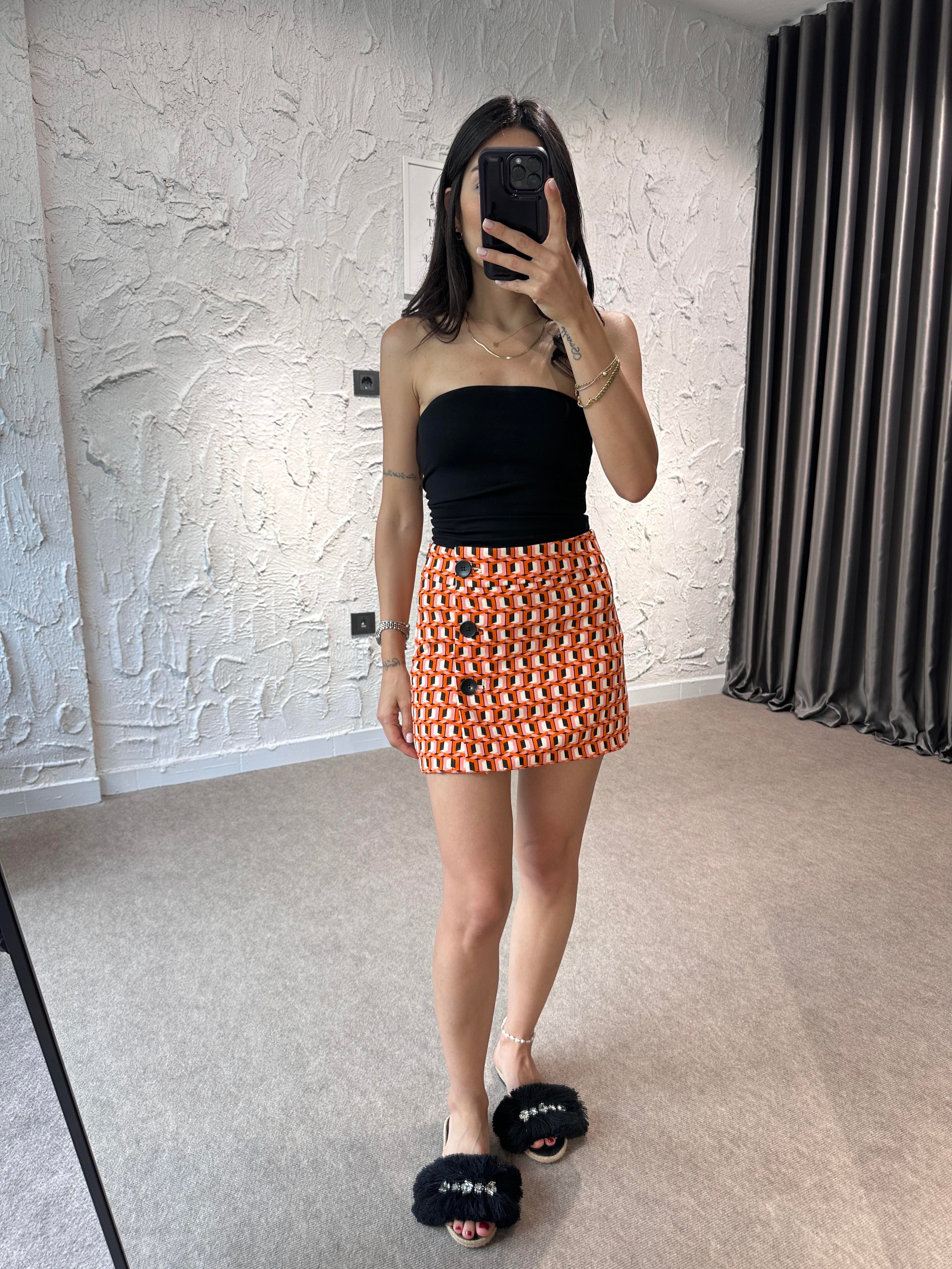 Turuncu Geo Mini Etek