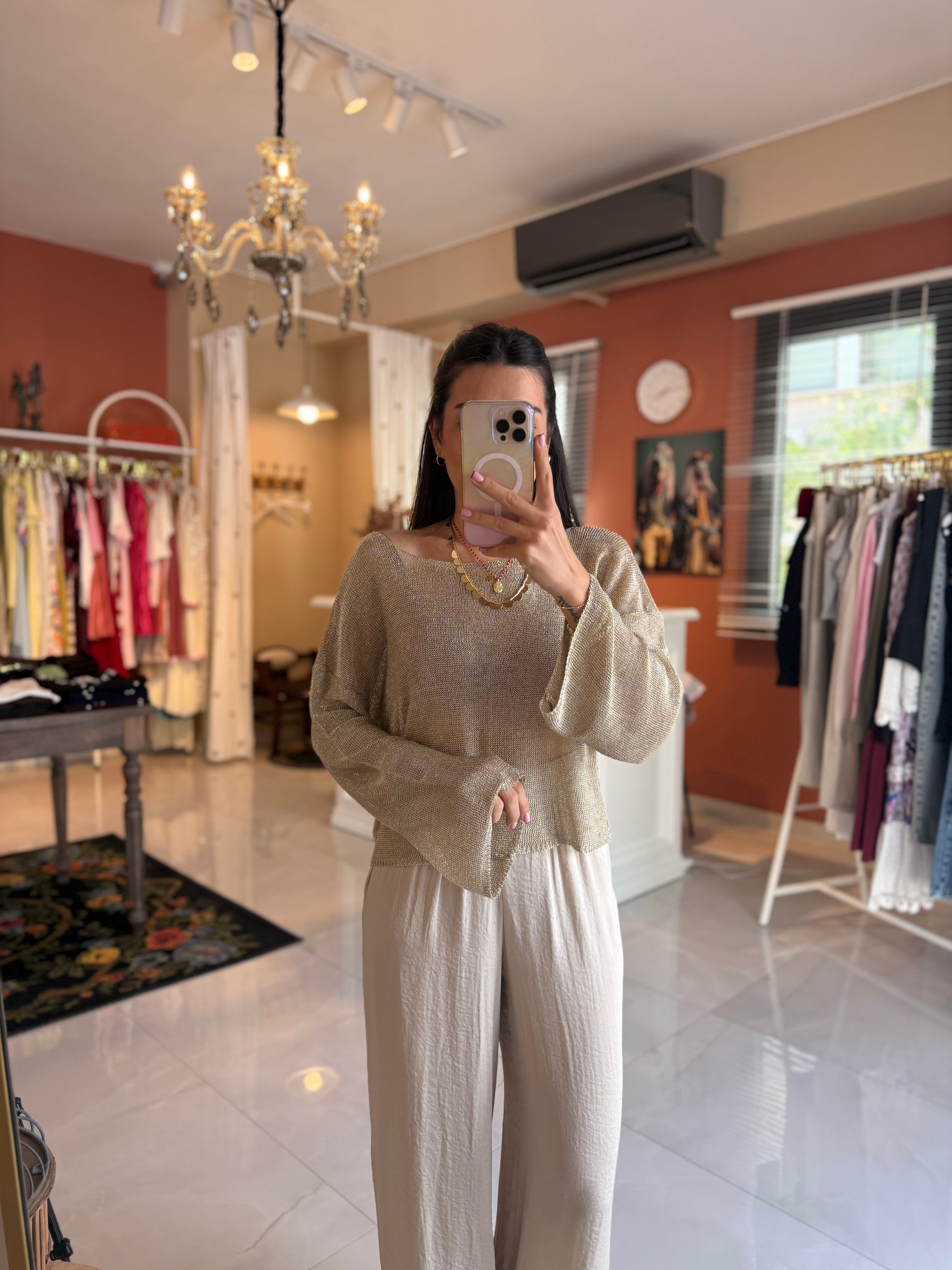 Uzun Kollu Metalik İplik Gold Bluz