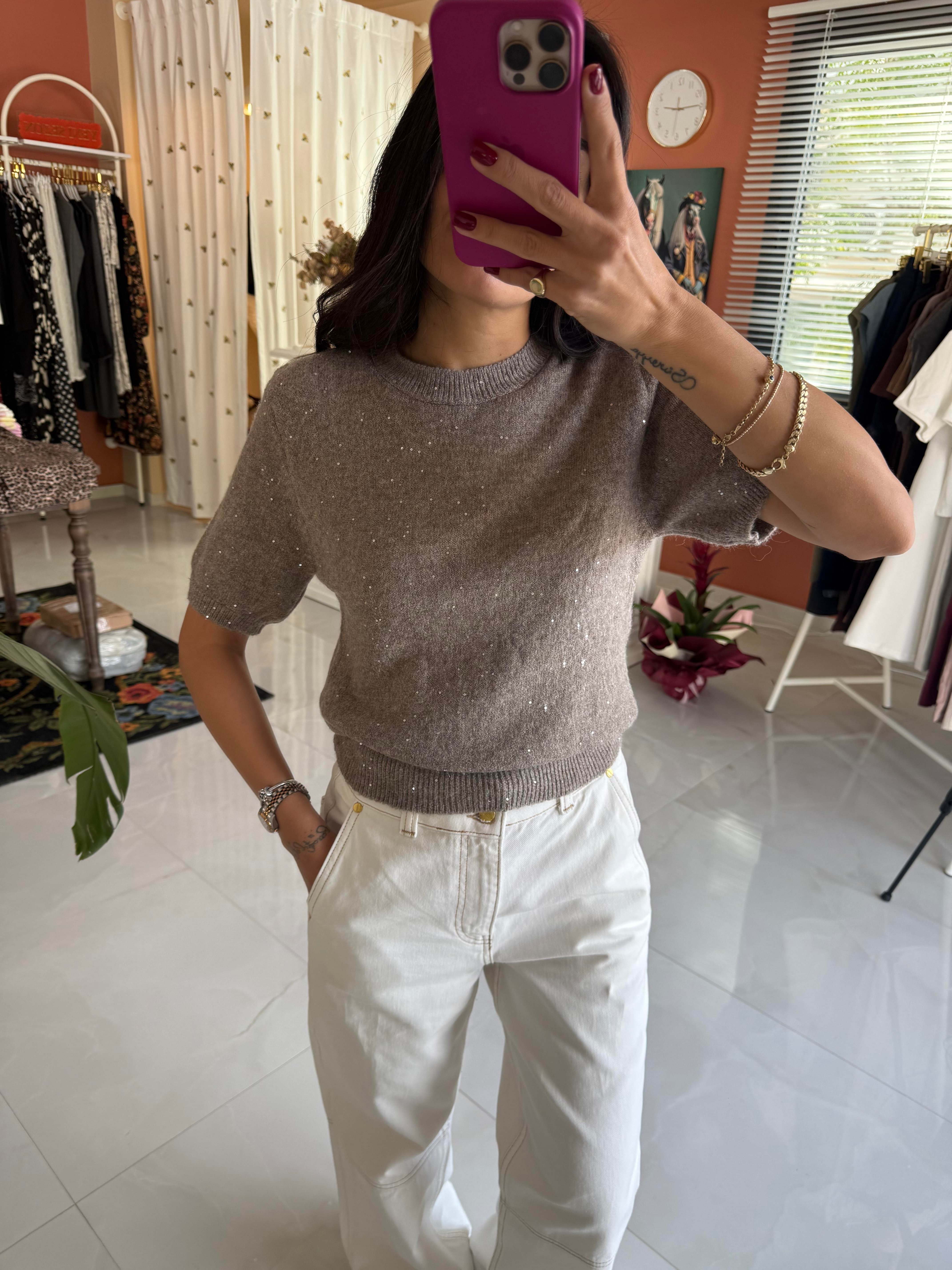 Vizon Pırıltılı Kısa Kol Triko