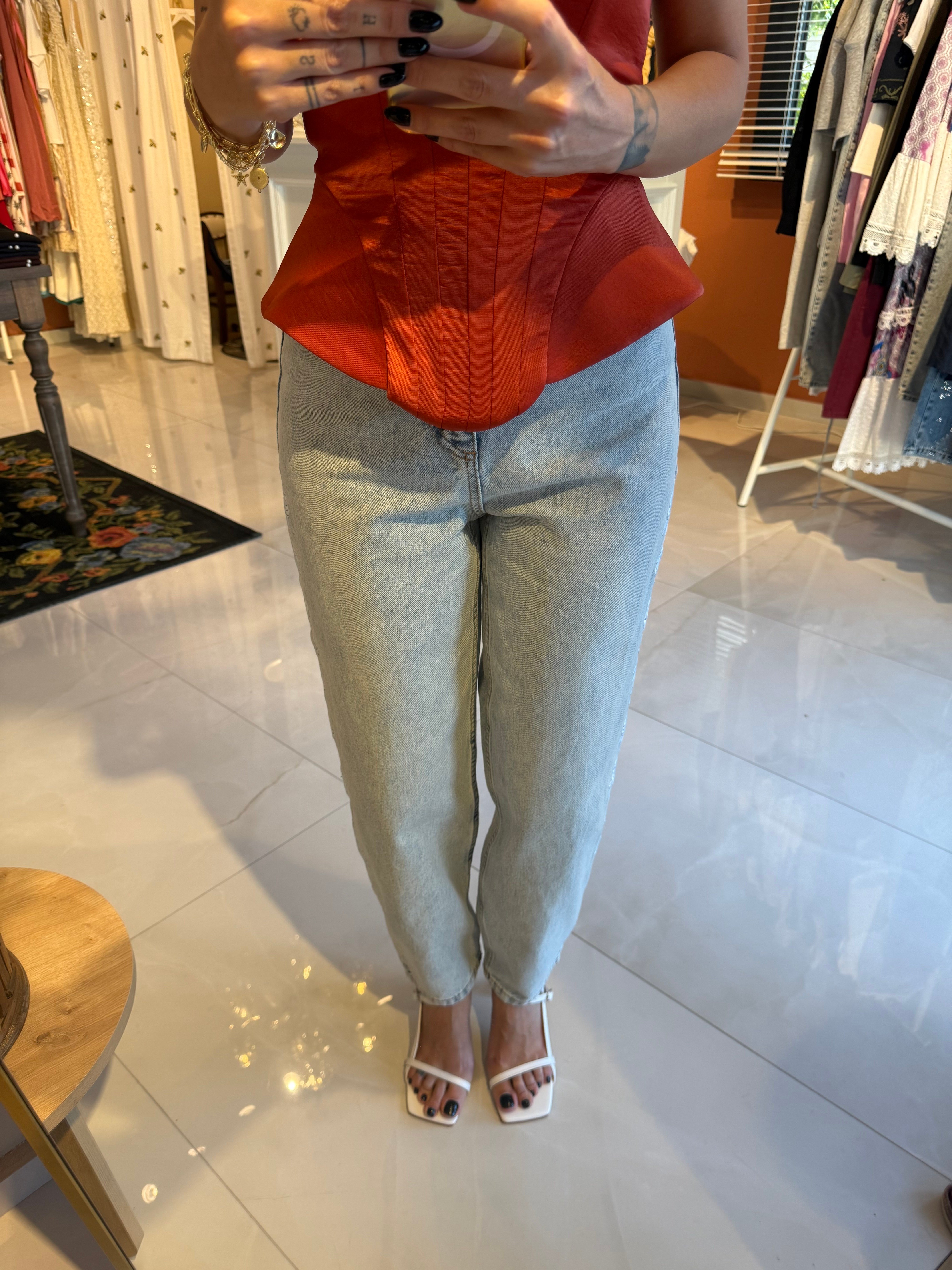 Yan Dikişi Gül Nakışlı Yüksek Bel Balon Jean Kot Pantolon