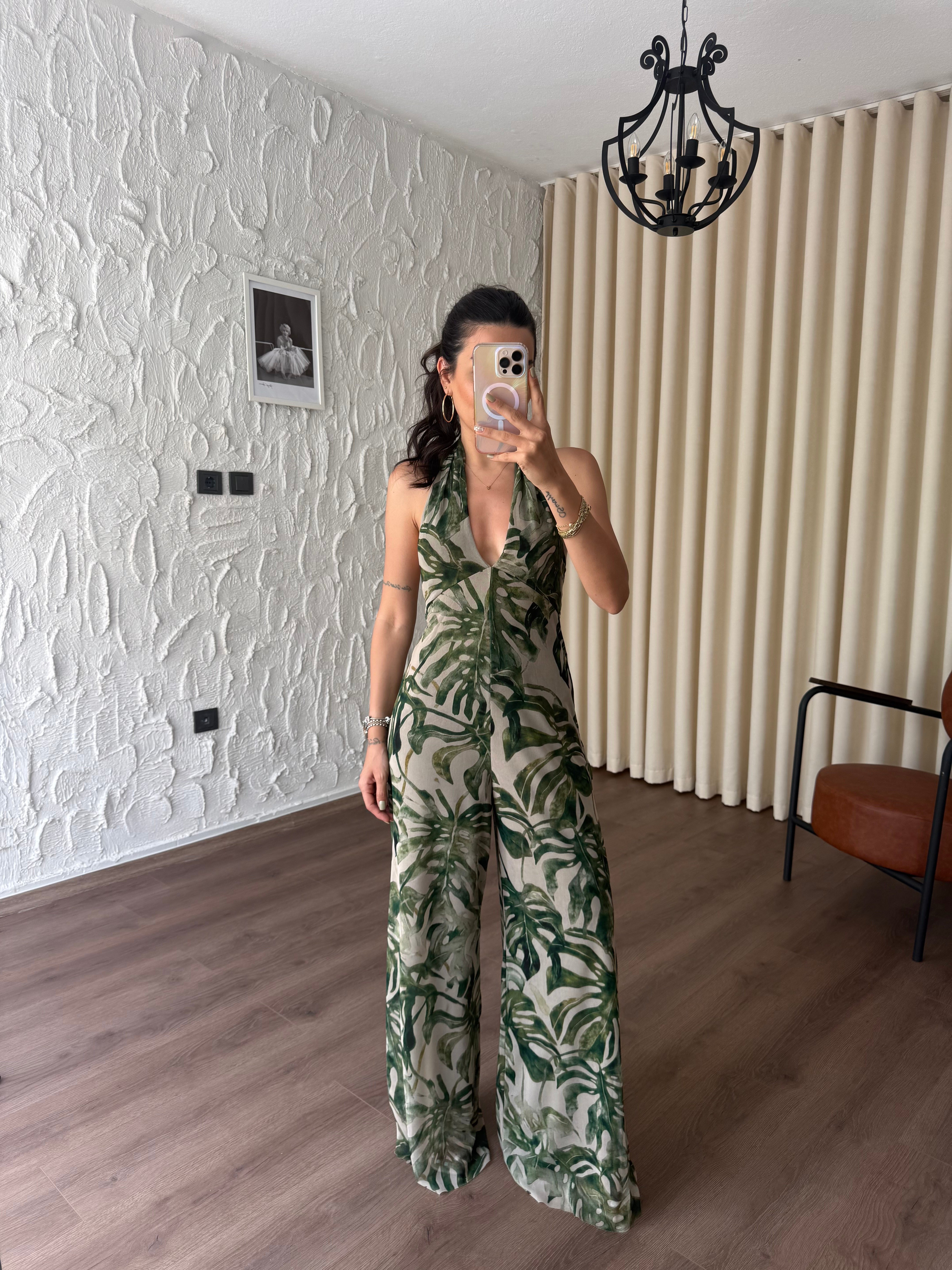 Yaprak Desenli Sırt Dekolteli Tül Tulum