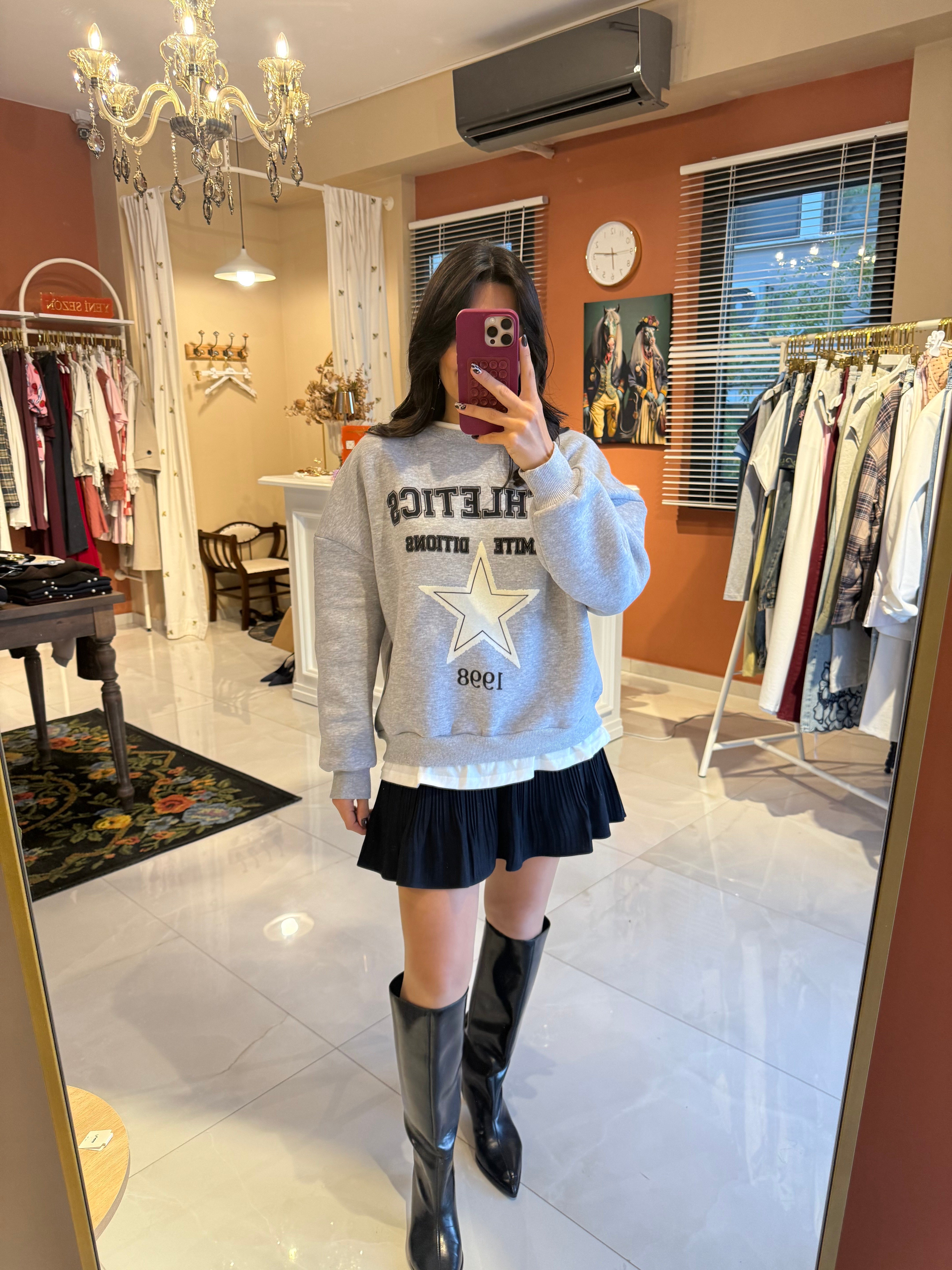 Yazı Baskı Detaylı Gri Melanj Sweatshirt 