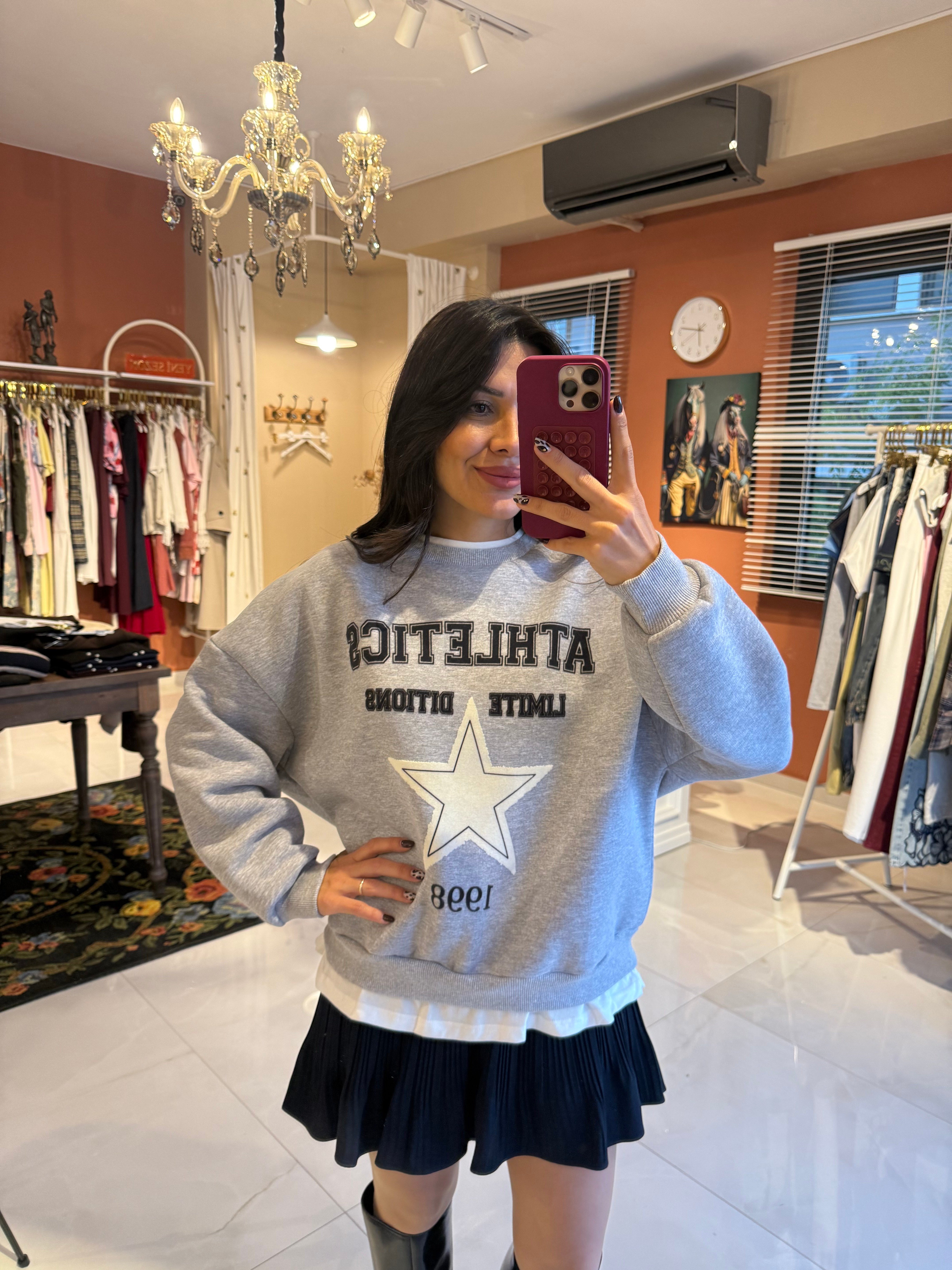 Yazı Baskı Detaylı Gri Melanj Sweatshirt 