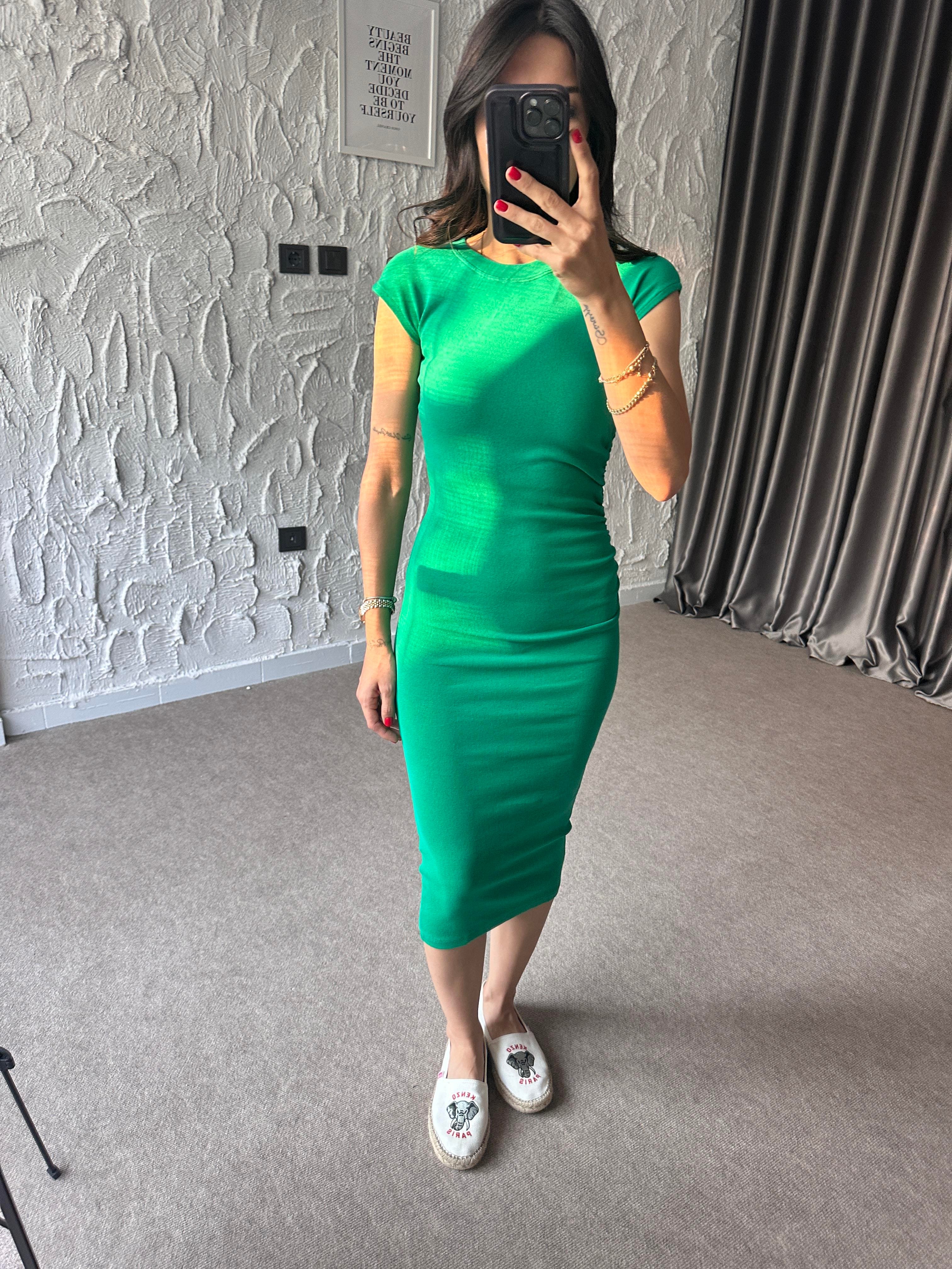 Yeşil Drape Detaylı Basic Elbise