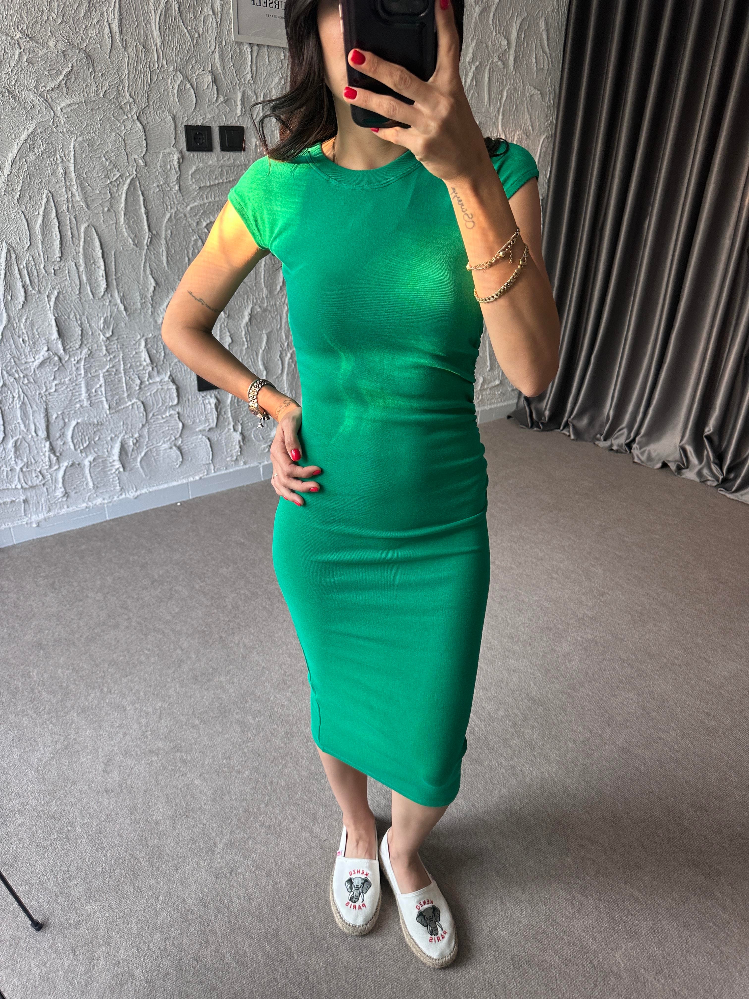 Yeşil Drape Detaylı Basic Elbise