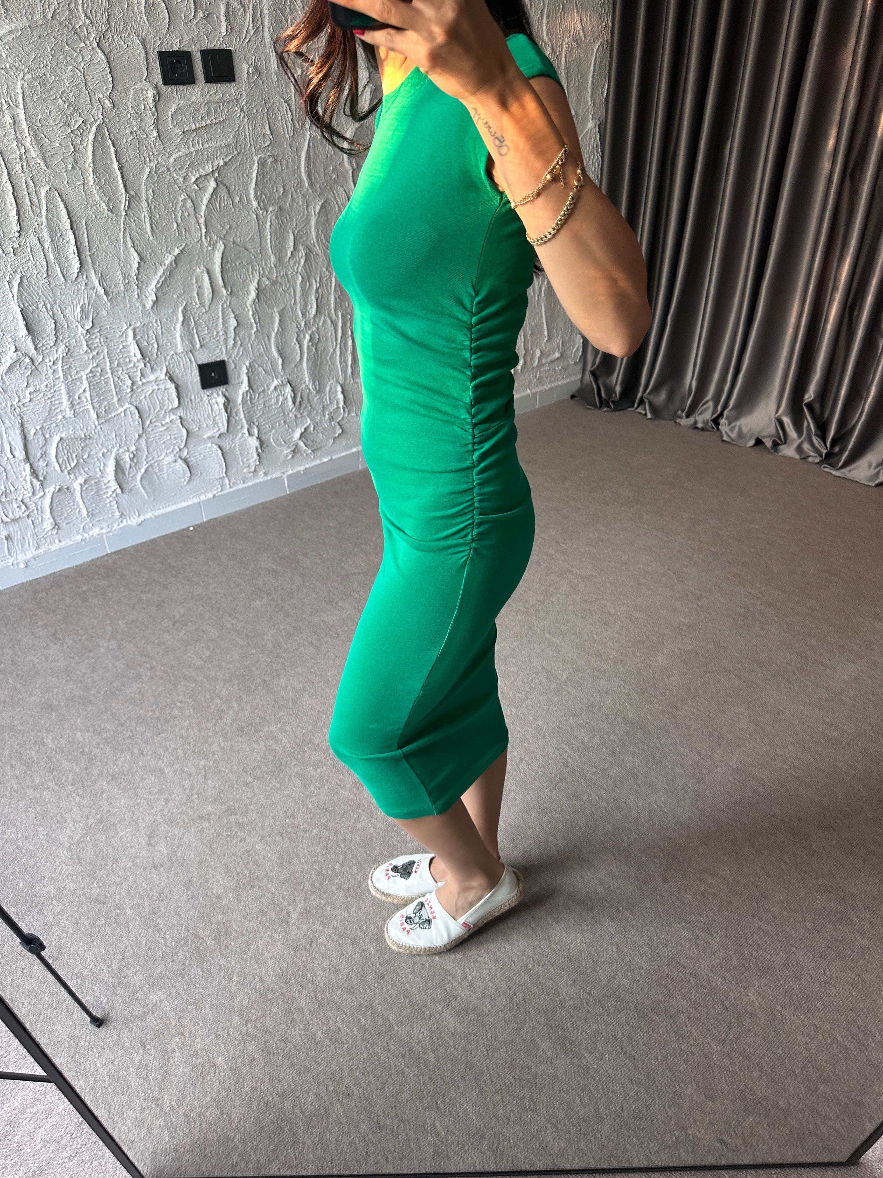 Yeşil Drape Detaylı Basic Elbise