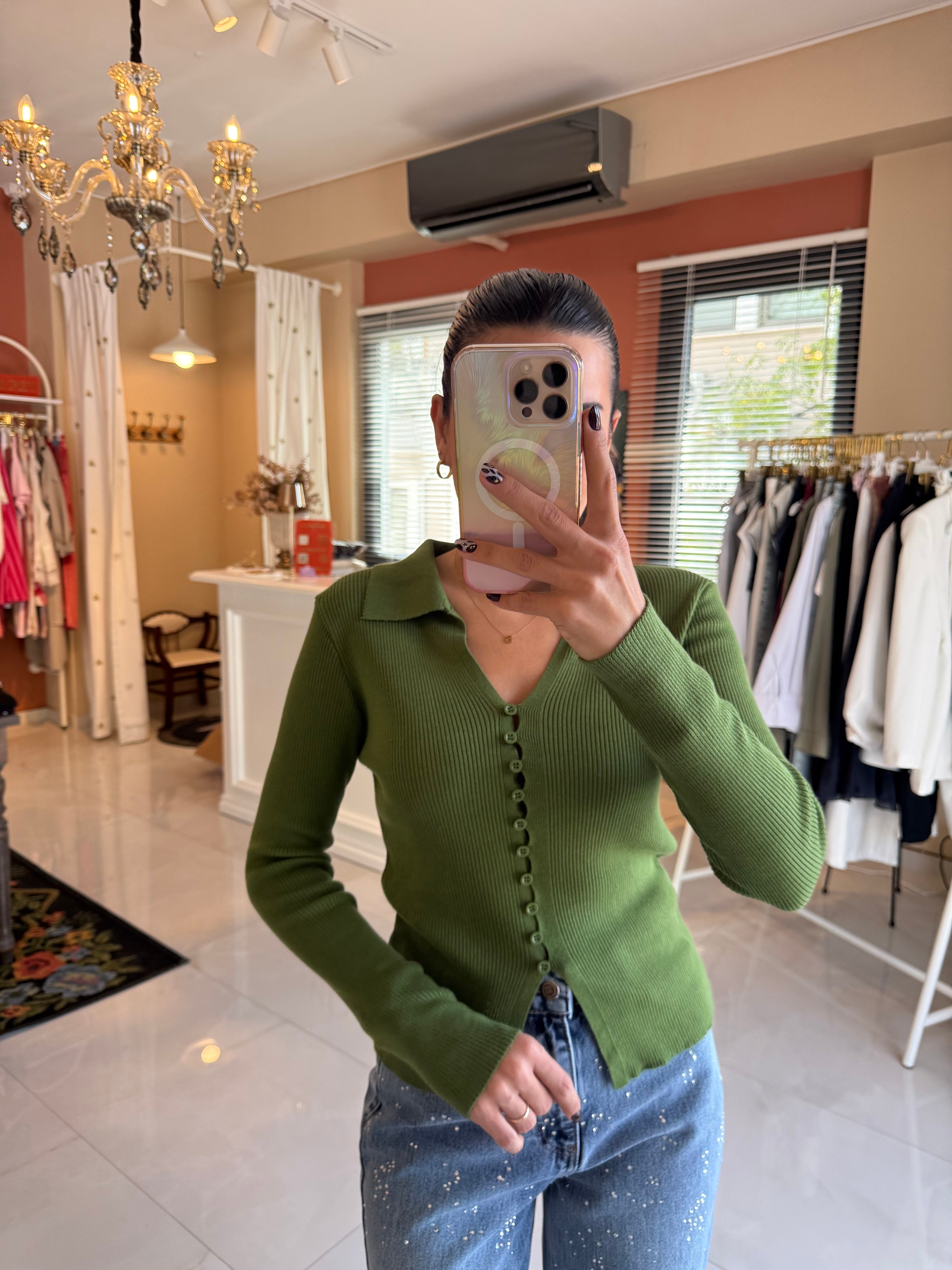 Yeşil Polo Yaka Düğmeli Triko