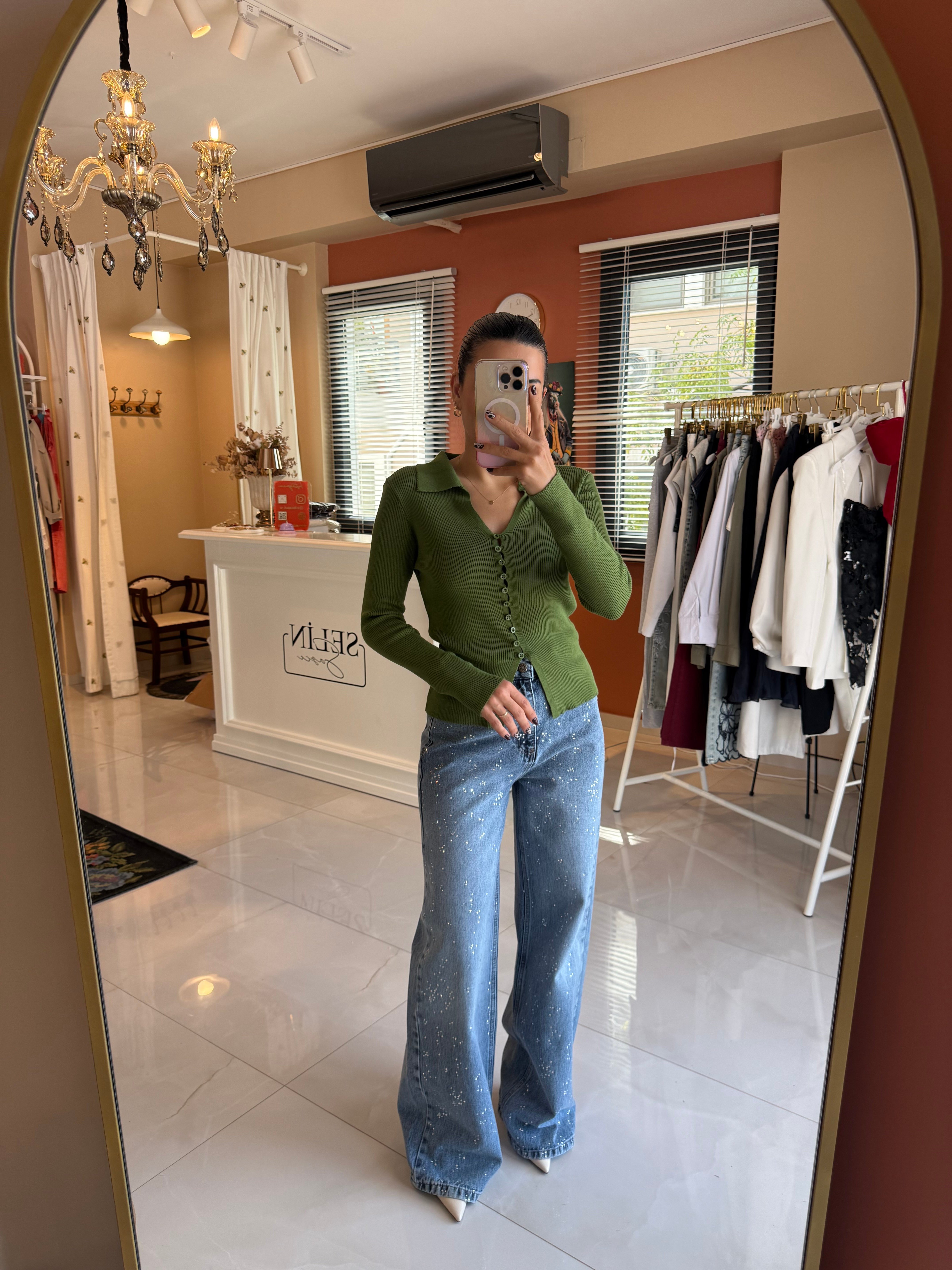 Yeşil Polo Yaka Düğmeli Triko