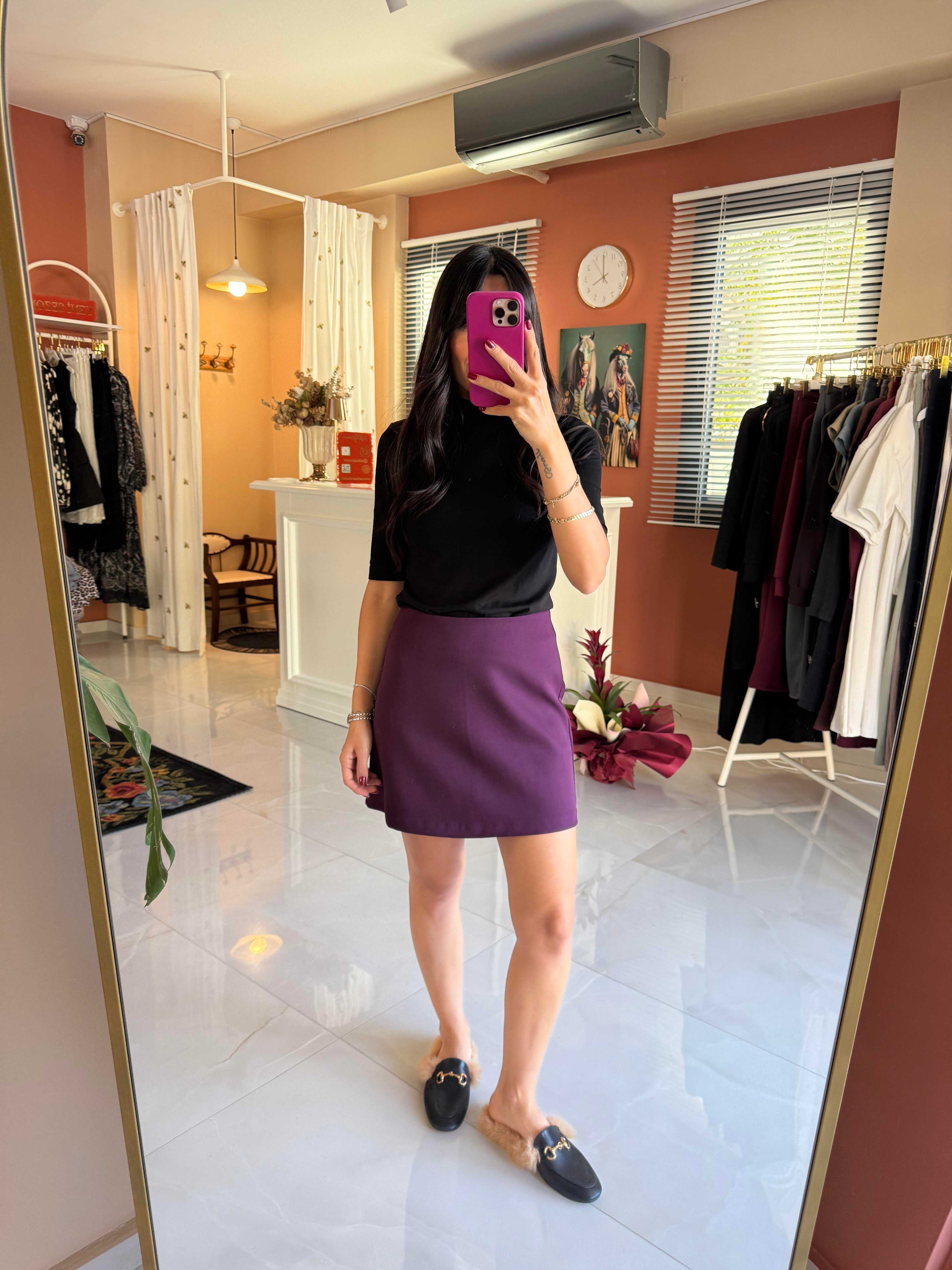 Yüksek Bel Mini Etek - Mor