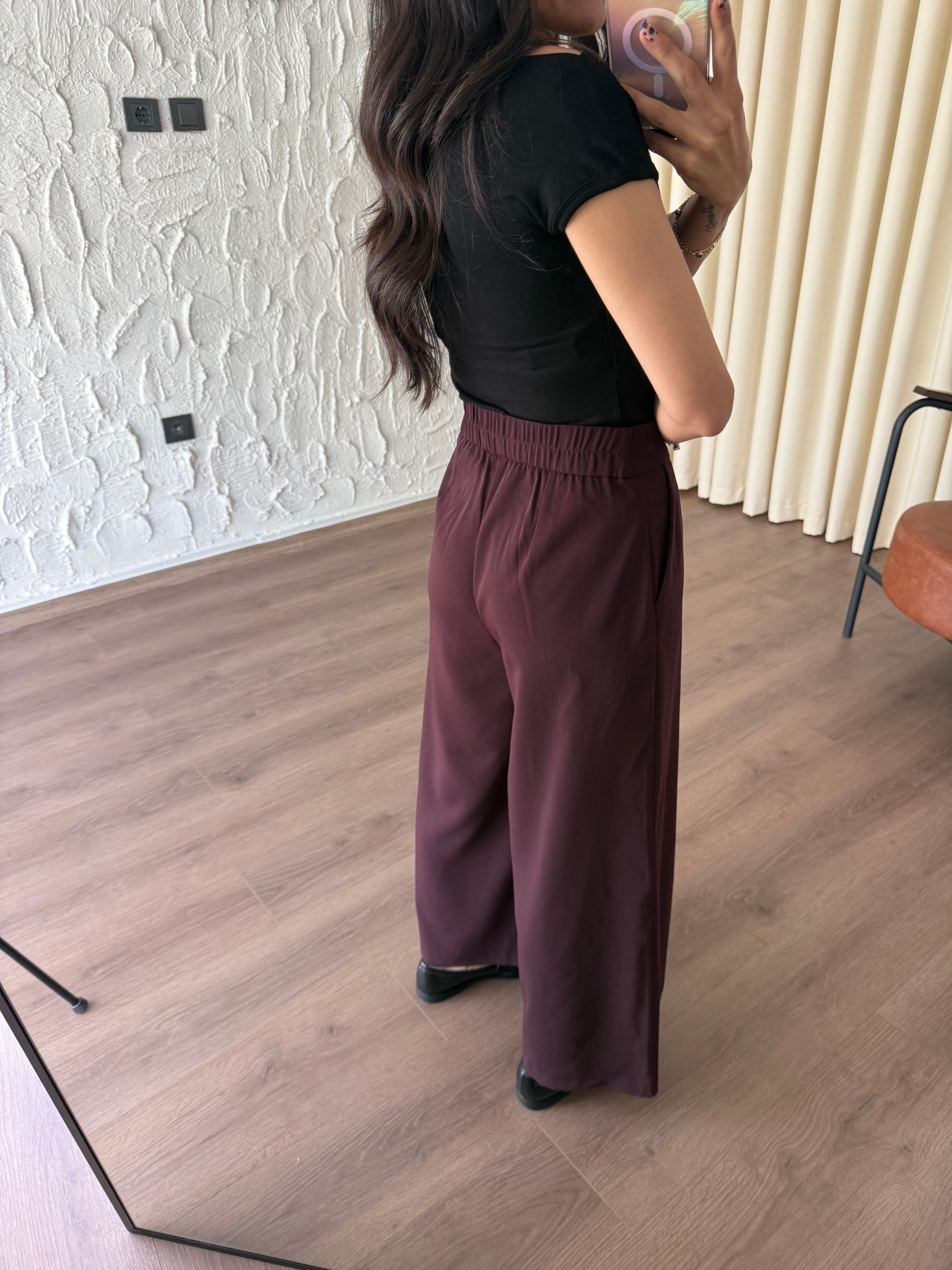 Yüksek Bel Pensli Geniş Paça Bordo Pantolon