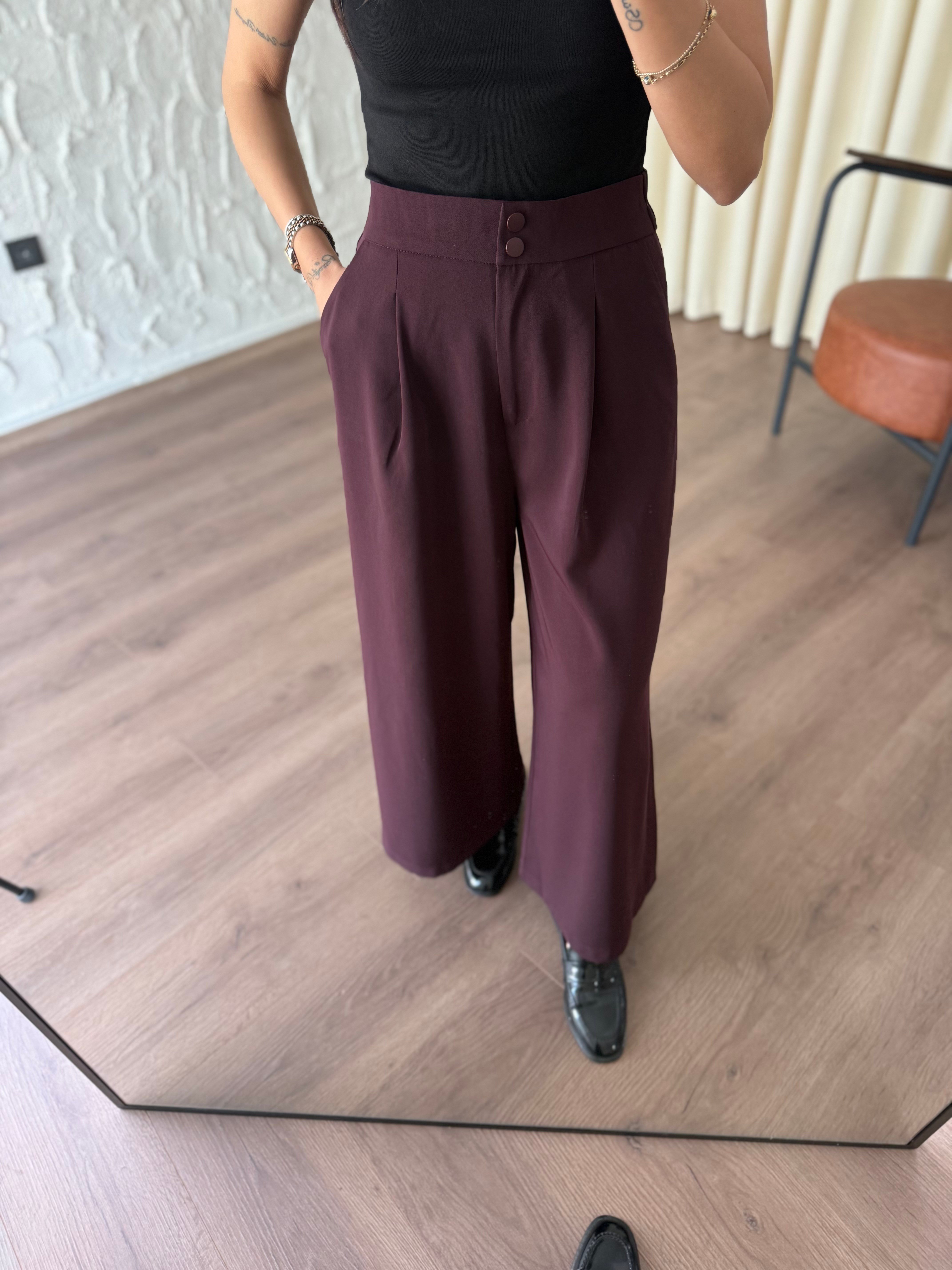 Yüksek Bel Pensli Geniş Paça Bordo Pantolon