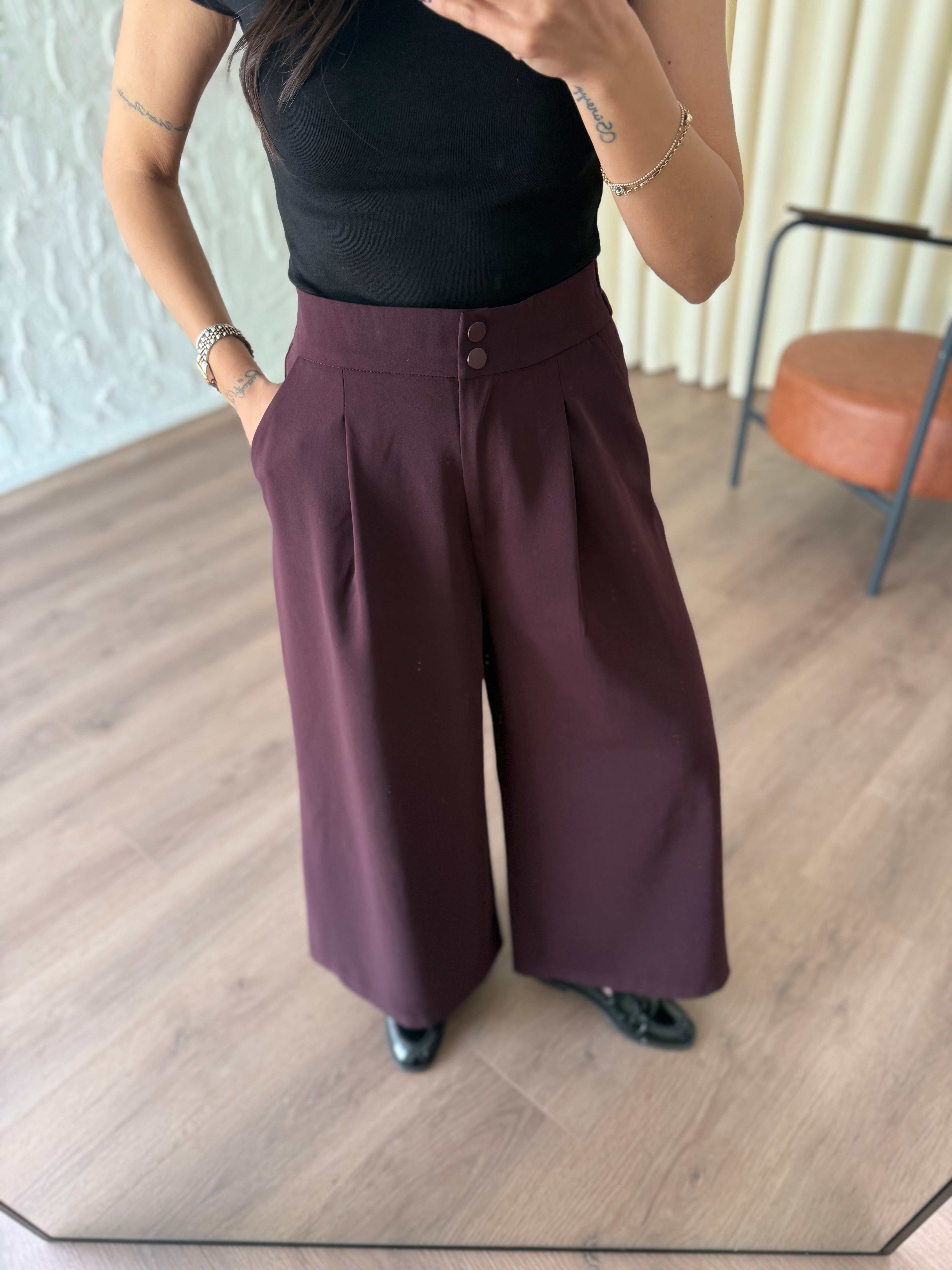Yüksek Bel Pensli Geniş Paça Bordo Pantolon