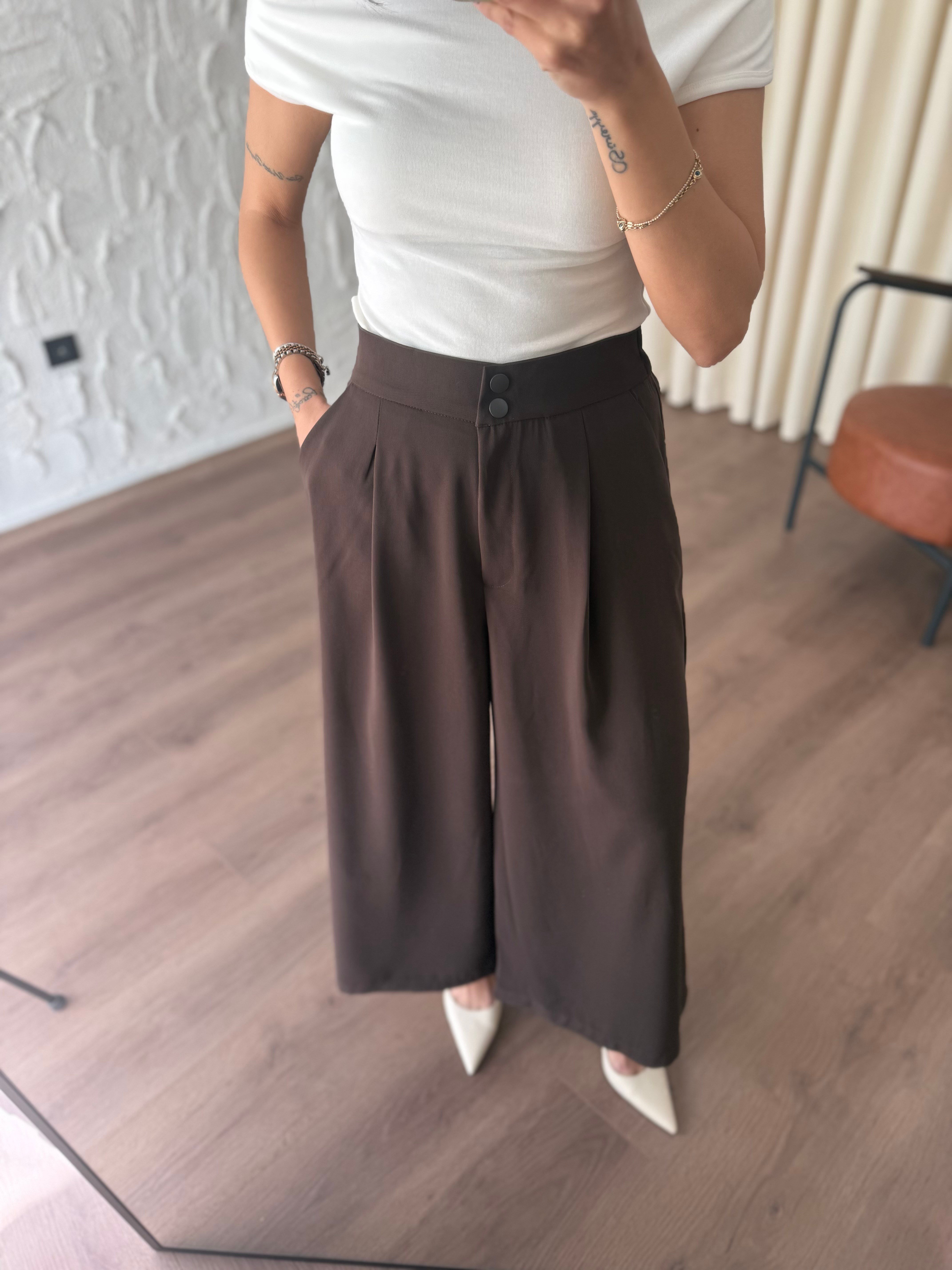 Yüksek Bel Pensli Geniş Paça Kahve Pantolon