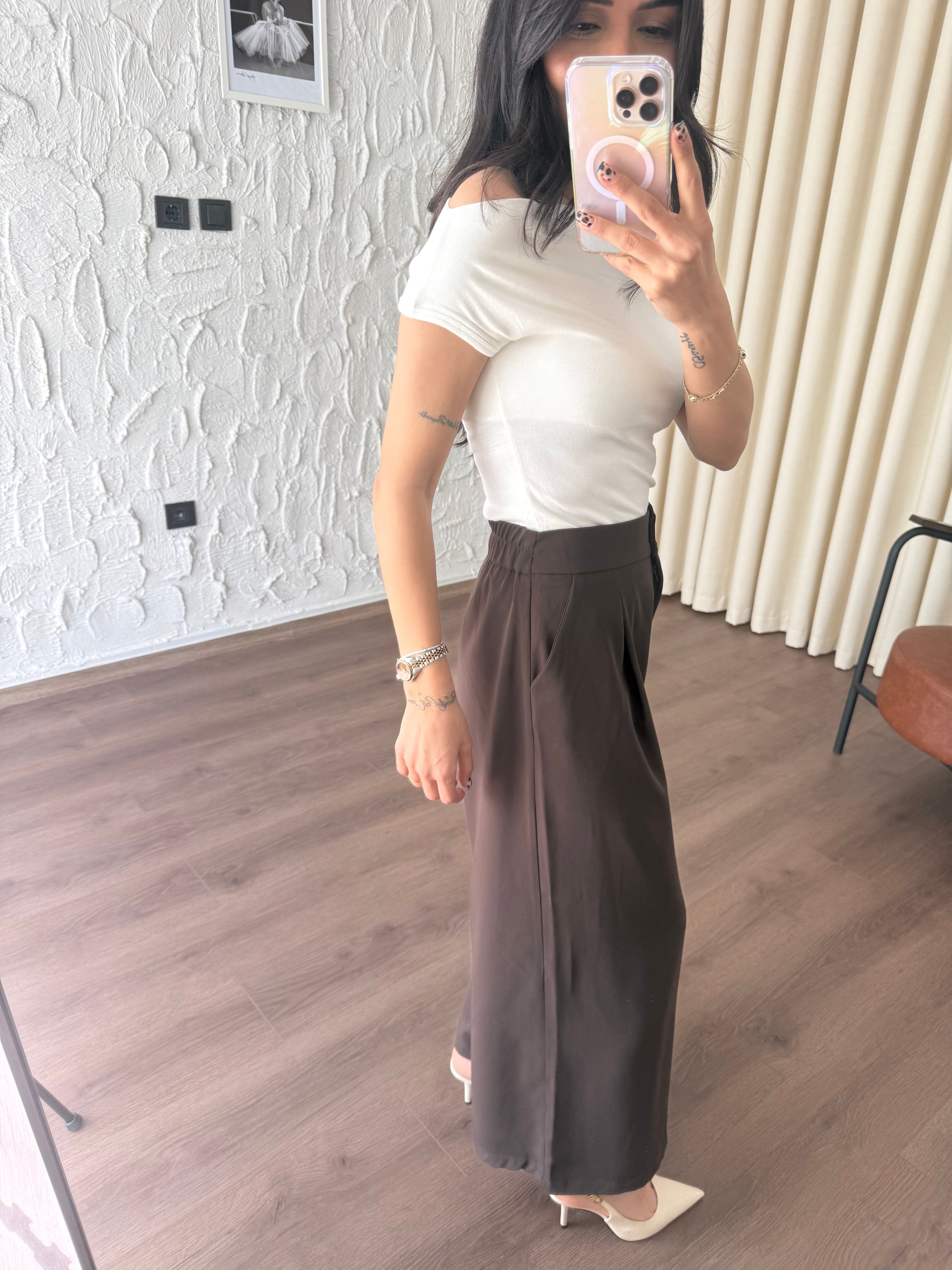 Yüksek Bel Pensli Geniş Paça Kahve Pantolon
