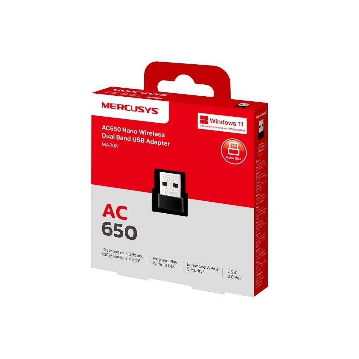 MERCUSYS MA20N | AC650 Mbps Dual-Band Wi‑Fi 5 Nano USB Adaptör | Kompakt & Tak‑Çalıştır | WPA3 | Windows 10/11