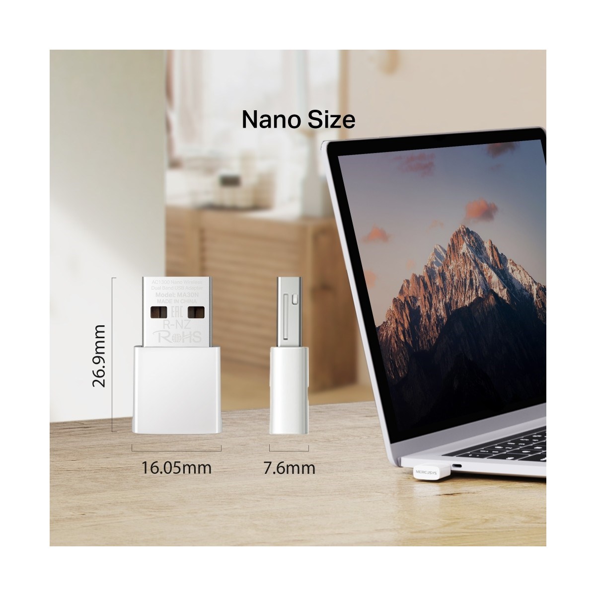 MERCUSYS MA30N | AC1300 Mbps Dual‑Band Wi‑Fi 5 Nano USB Adaptör | MU‑MIMO | Tak & Çalıştır | Windows 10/11