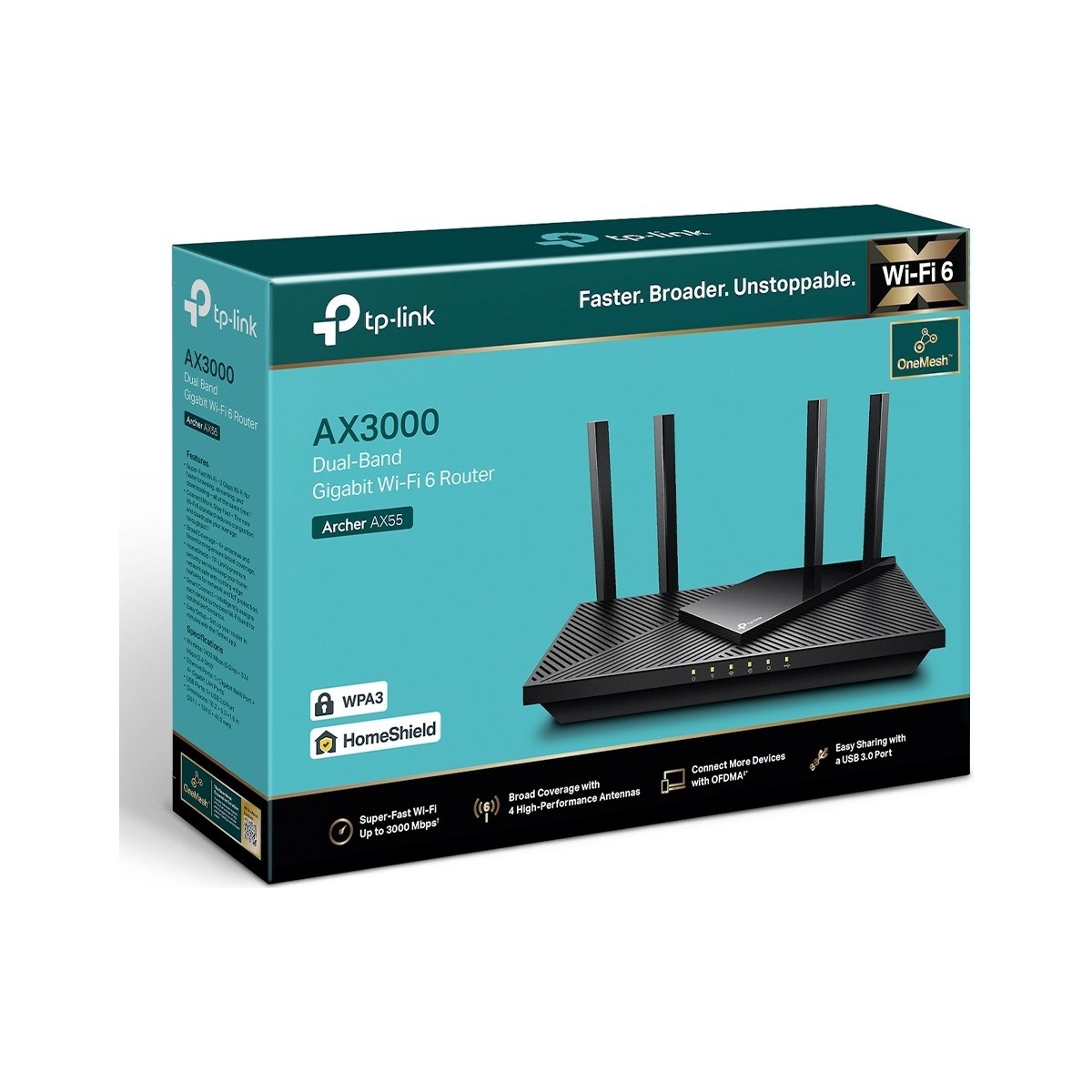 TP-LİNK Archer AX55 | Dual Band Wi-Fi 6 Router | Fiber Destekli | AX3000 Mbps | 4× Gigabit LAN Port | WPA3 | 1× USB 3.0 Port | Oyun için İdeal | Xbox/PS4/8K Steam