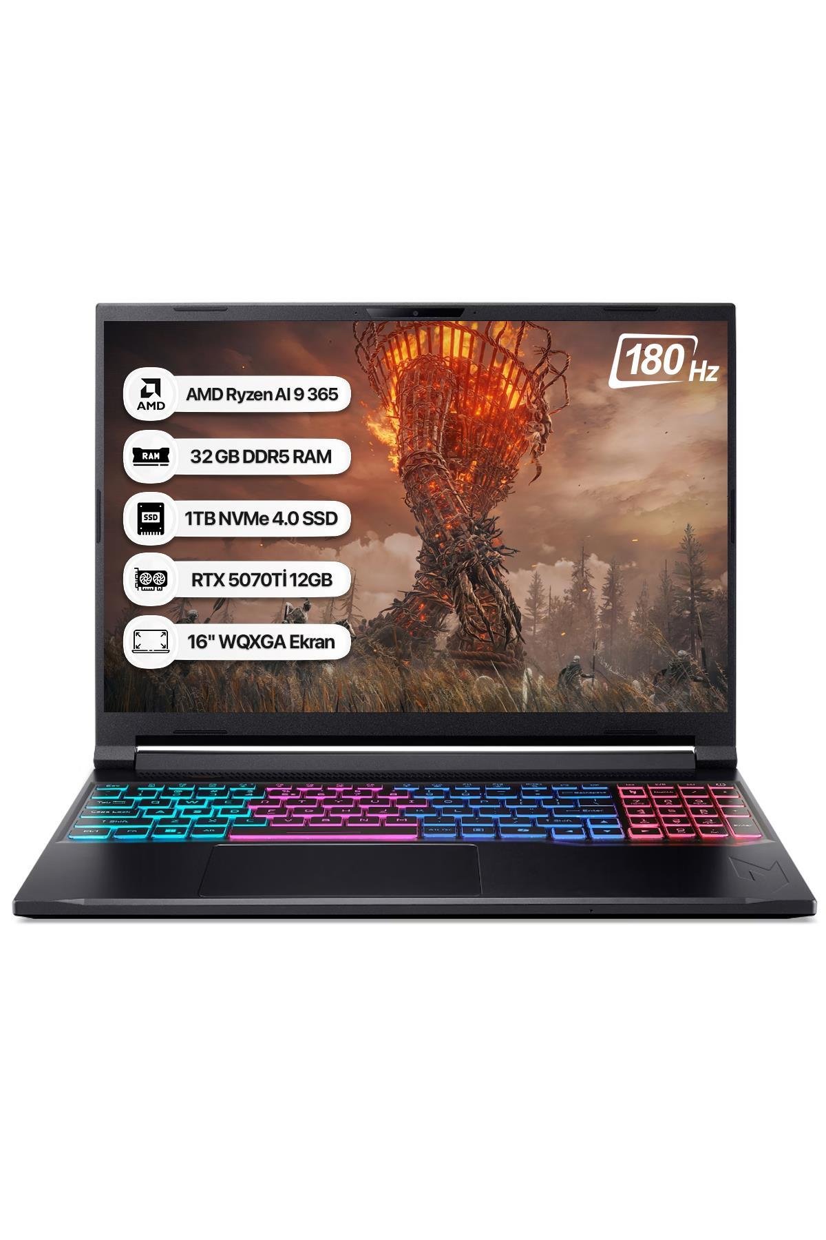 Acer Nitro 16S NH.U07EY.001-32 Ryzen AI 9 365 32GB 1TB SSD RTX5070Tİ-12GB 180Hz 16 WQXGA Dos Taşınabilir Bilgisayar