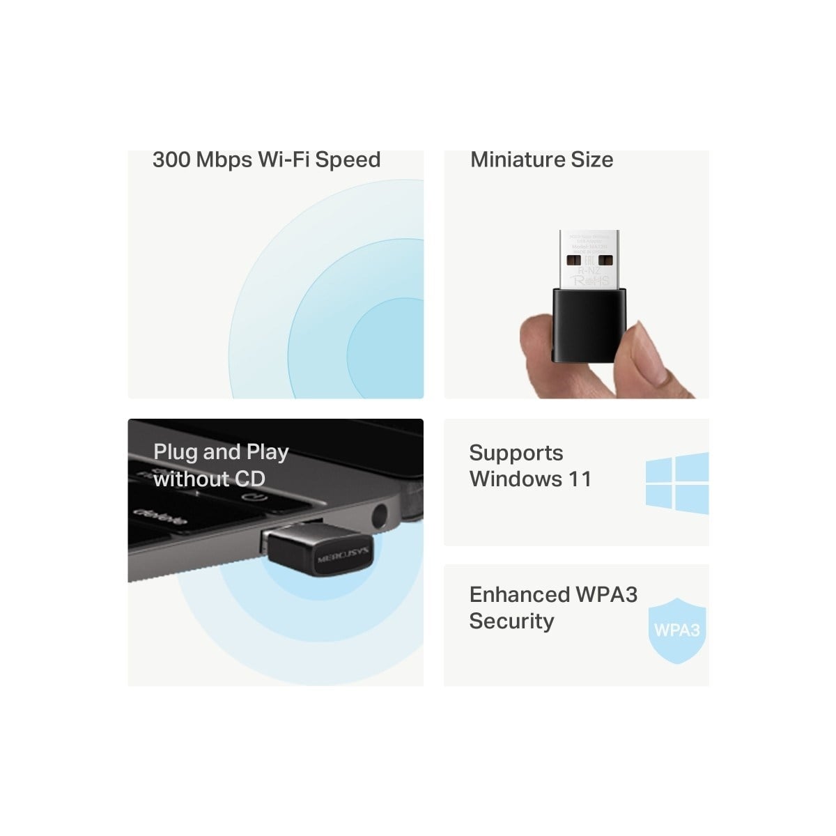 MERCUSYS MA12N | N300 Mbps Nano USB Adaptör | Kompakt Tasarım | Tak‑Çalıştır | Windows 10/11