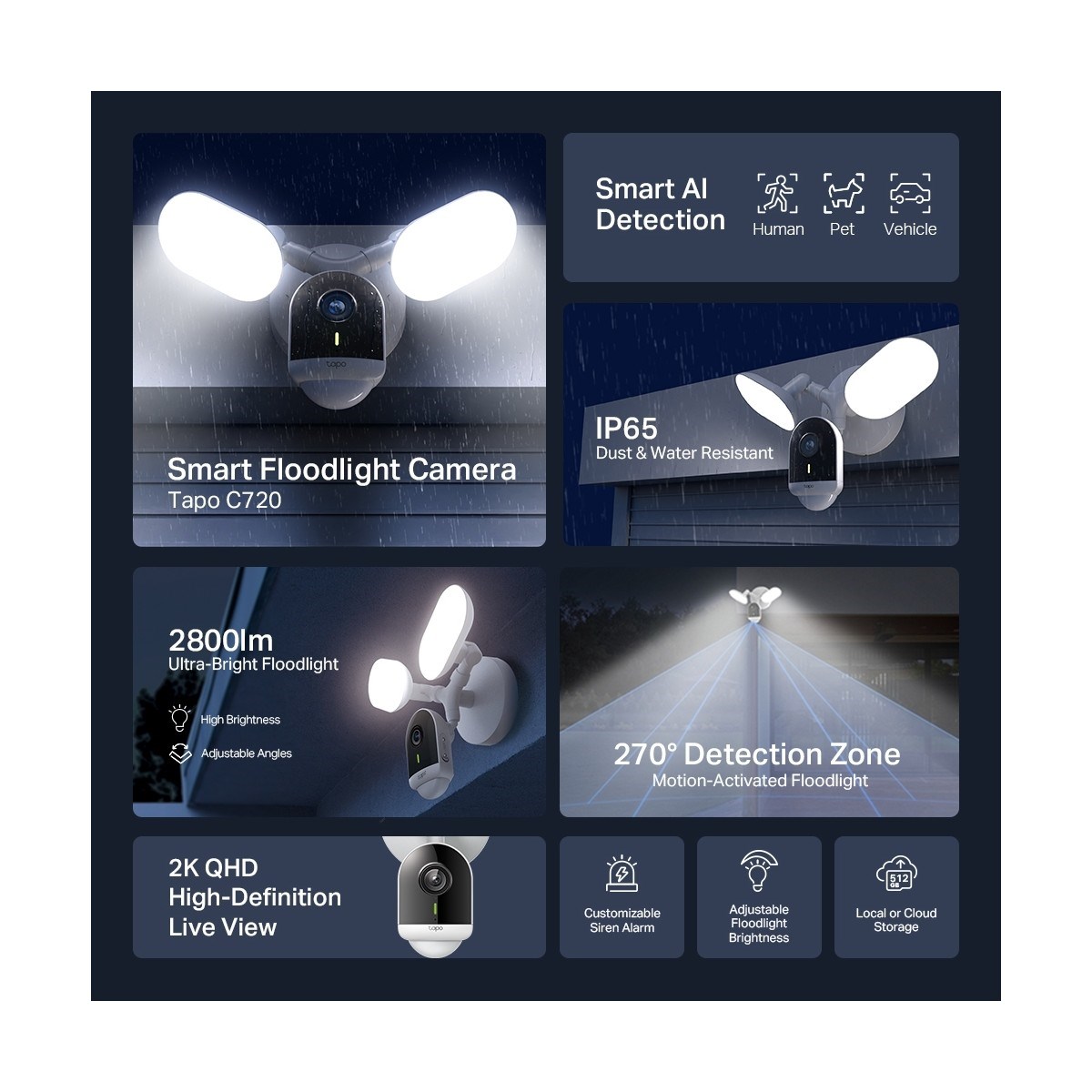 TP-LİNK Tapo C720 | Akıllı Projektör Kamerası | 2K QHD | 2800 Lumen | Hareketle Aktifleşen Projektör | Yapay Zeka Desteği | IP65 Su Geçirmez | Yerel ve Bulut Depolama
