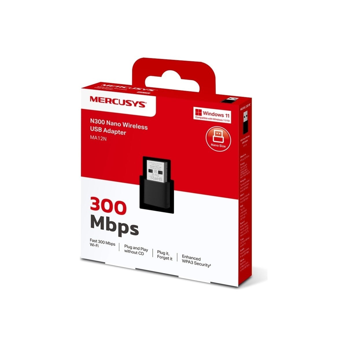 MERCUSYS MA12N | N300 Mbps Nano USB Adaptör | Kompakt Tasarım | Tak‑Çalıştır | Windows 10/11