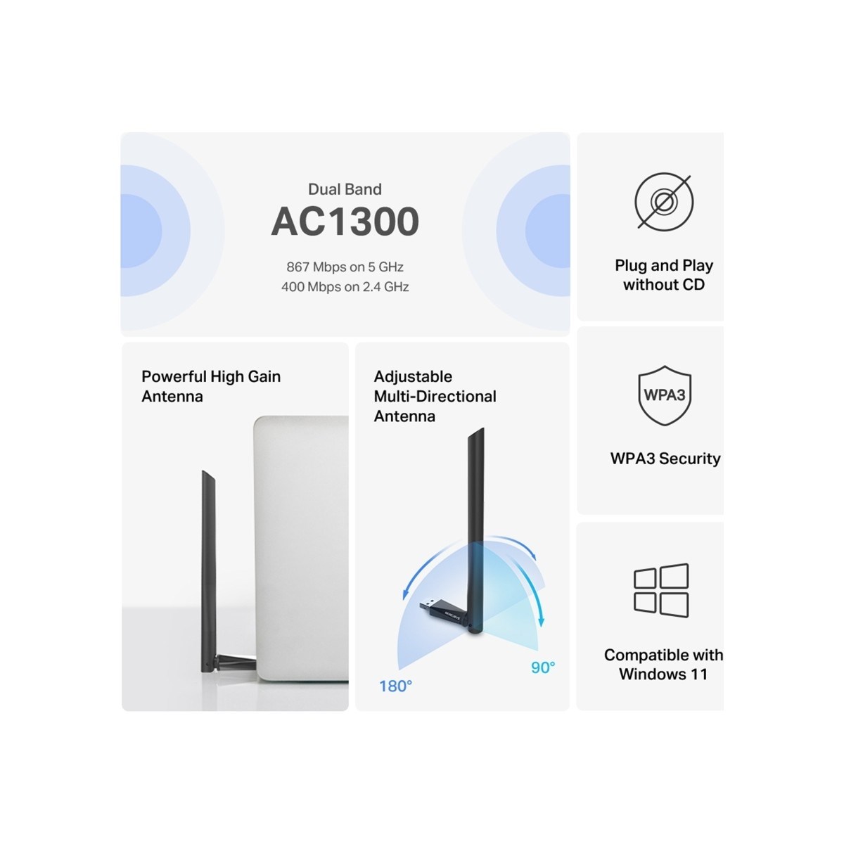 MERCUSYS MA30H | AC1300 Mbps Dual‑Band Wi‑Fi 5 USB 3.0 Adaptör | Yüksek Çekim Gücü | Tak‑Çalıştır | Windows 10/11