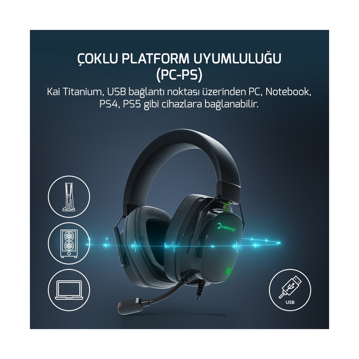 GAMEPOWER Kai Titanium Siyah 7.1 Surround Hi-Fi Manyetik Pad Rgb Gaming Kulaklık (2x Cooling Pad Hediyeli)