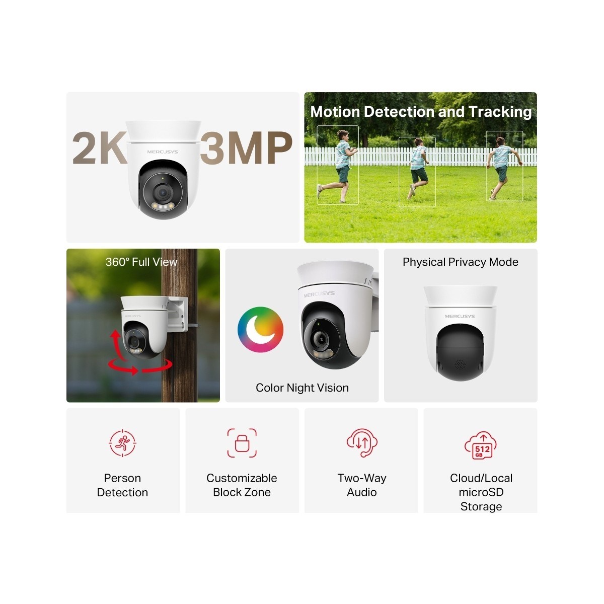 MERCUSYS MC510 | 2k Qhd Dış Mekan Güvenlik Kamerası | 360° Görüş | Renkli Gece Görüşü | Akıllı Takip | İp65 Microsd & Bulut Depolama