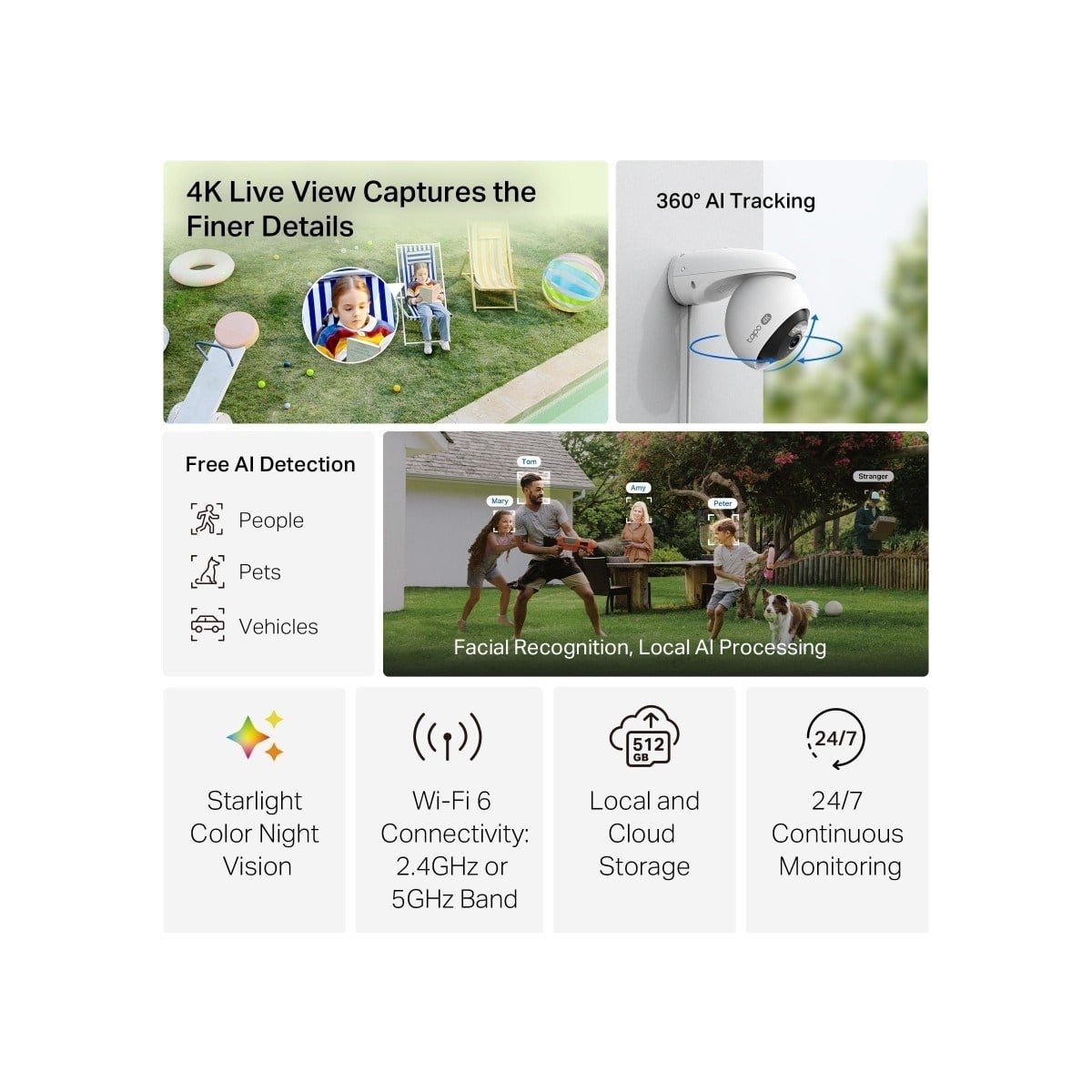 TP-LİNK Tapo C560WS | 4K 8mp Dış Mekan Wi-Fi 6 Güvenlik Kamerası | Yerel Yüz Tanıma | Aı Insan/evcil Hayvan/araç Algılama | Starlight Renkli Gece Görüşü | IP66 Su Geçirmez | Microsd & Bulut Depolama