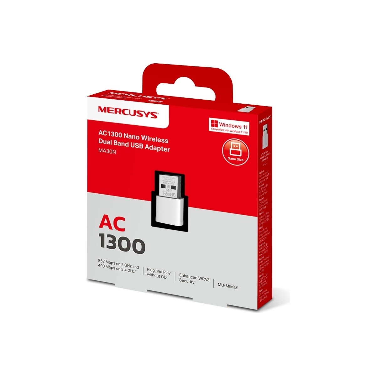 MERCUSYS MA30N | AC1300 Mbps Dual‑Band Wi‑Fi 5 Nano USB Adaptör | MU‑MIMO | Tak & Çalıştır | Windows 10/11