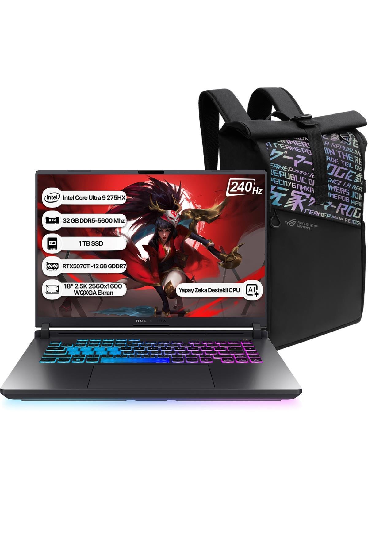 Asus Rog Strix G18 G815LR-S9155 Intel Core Ultra 9 275HX NPU 13 TOPS 32GB 1TB SSD RTX5070Ti-12GB Freedos 18