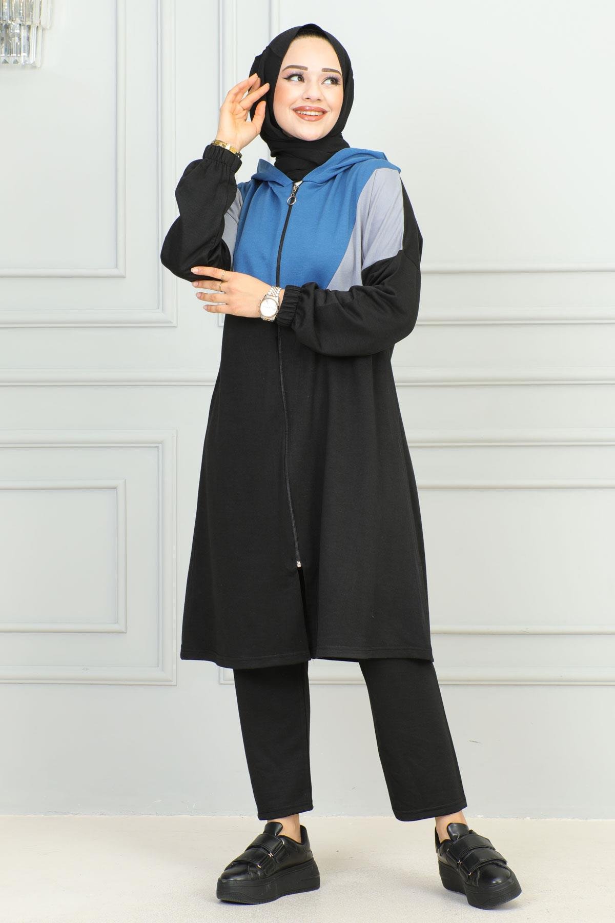 Garnili Fermuarlı Spor Takım Siyah Mavi