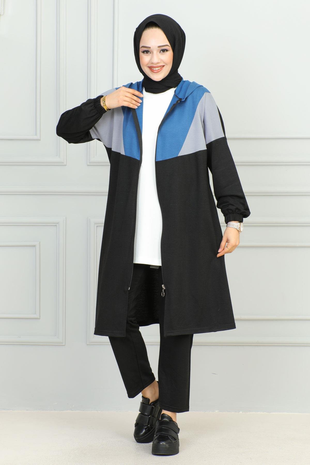 Garnili Fermuarlı Spor Takım Siyah Mavi